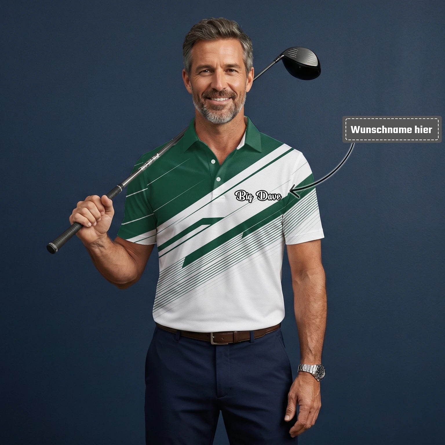 Personalisiertes Golf Poloshirt Grün Weißes Abstraktes Streifen Design für Herren E5041