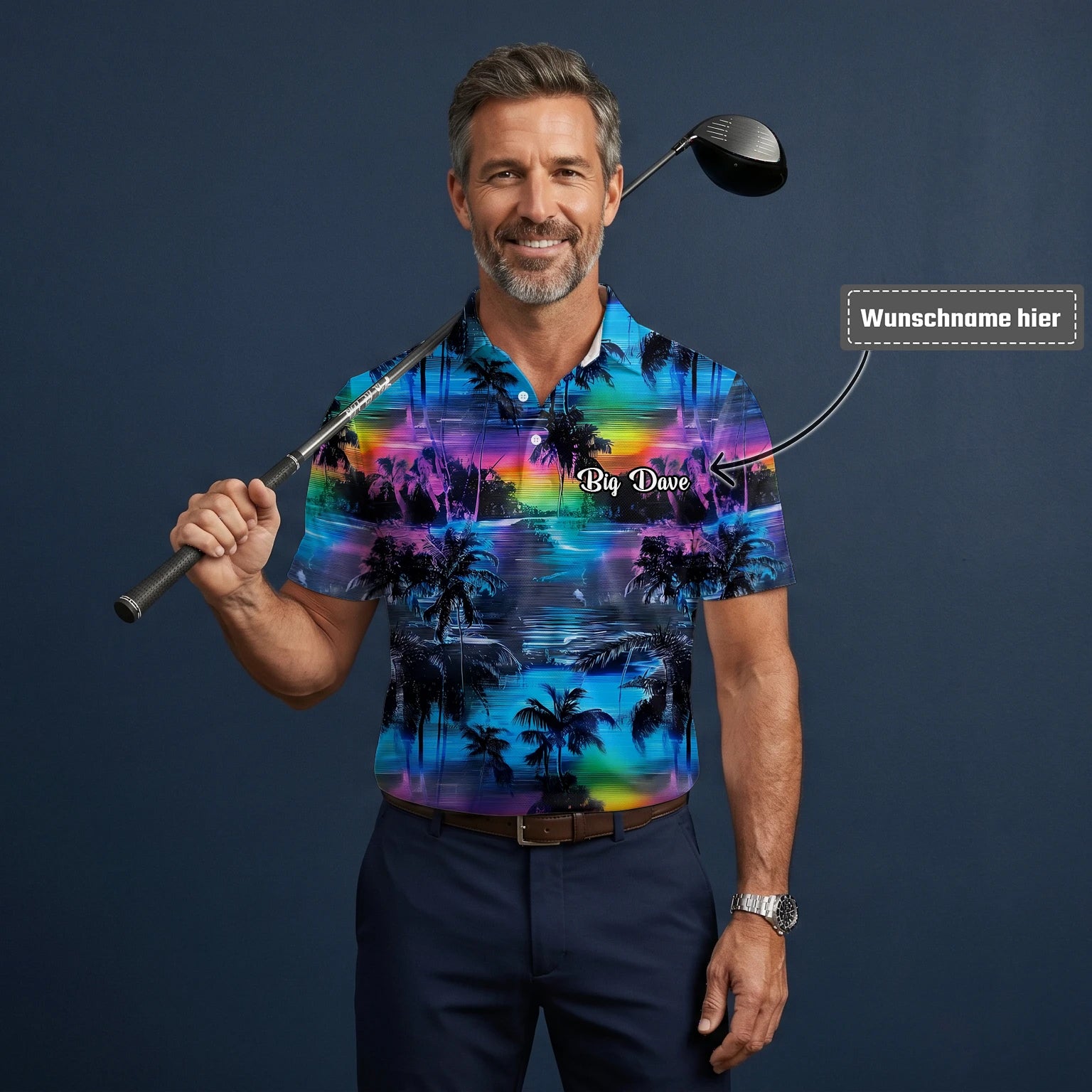 Personalisiertes Golf Poloshirt Blau Lila Palmen Sonnenuntergang Design für Herren K8435