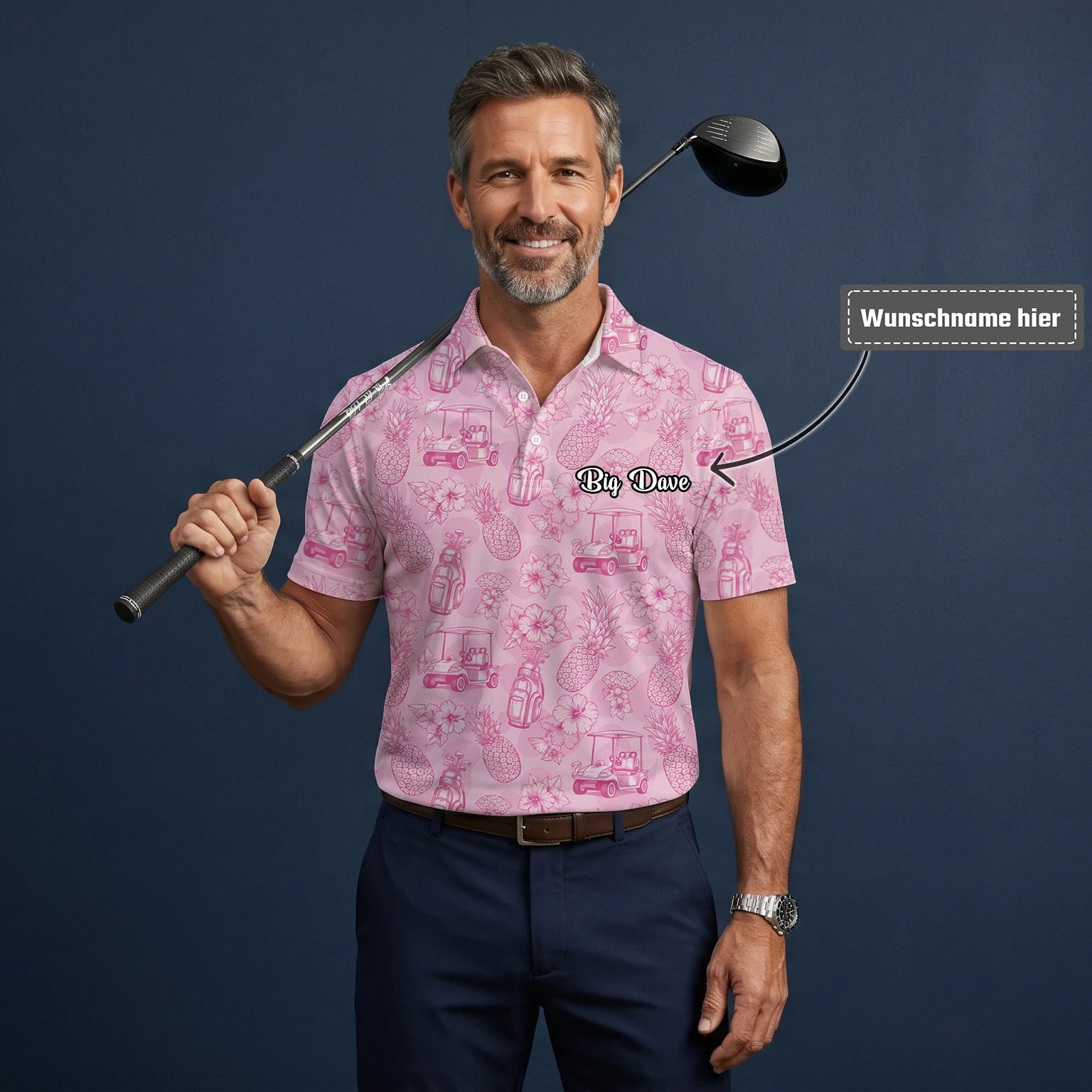 Personalisiertes Golf Poloshirt Rosa Golfcart Blumen Toile Design für Herren T8127
