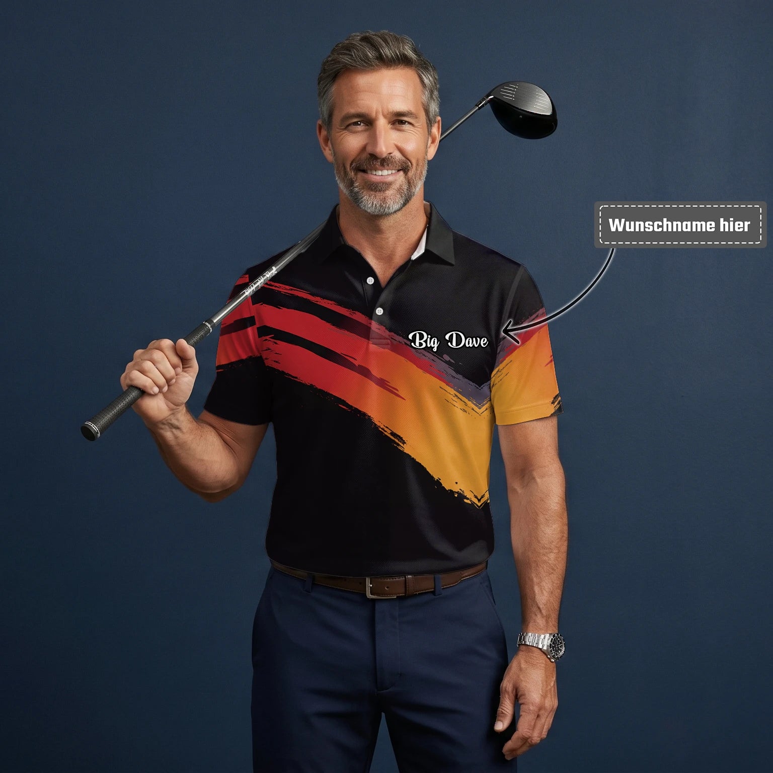 Personalisiertes Golf Poloshirt in Schwarz-Rot-Orange mit Pinselstrich-Design für Herren M6093