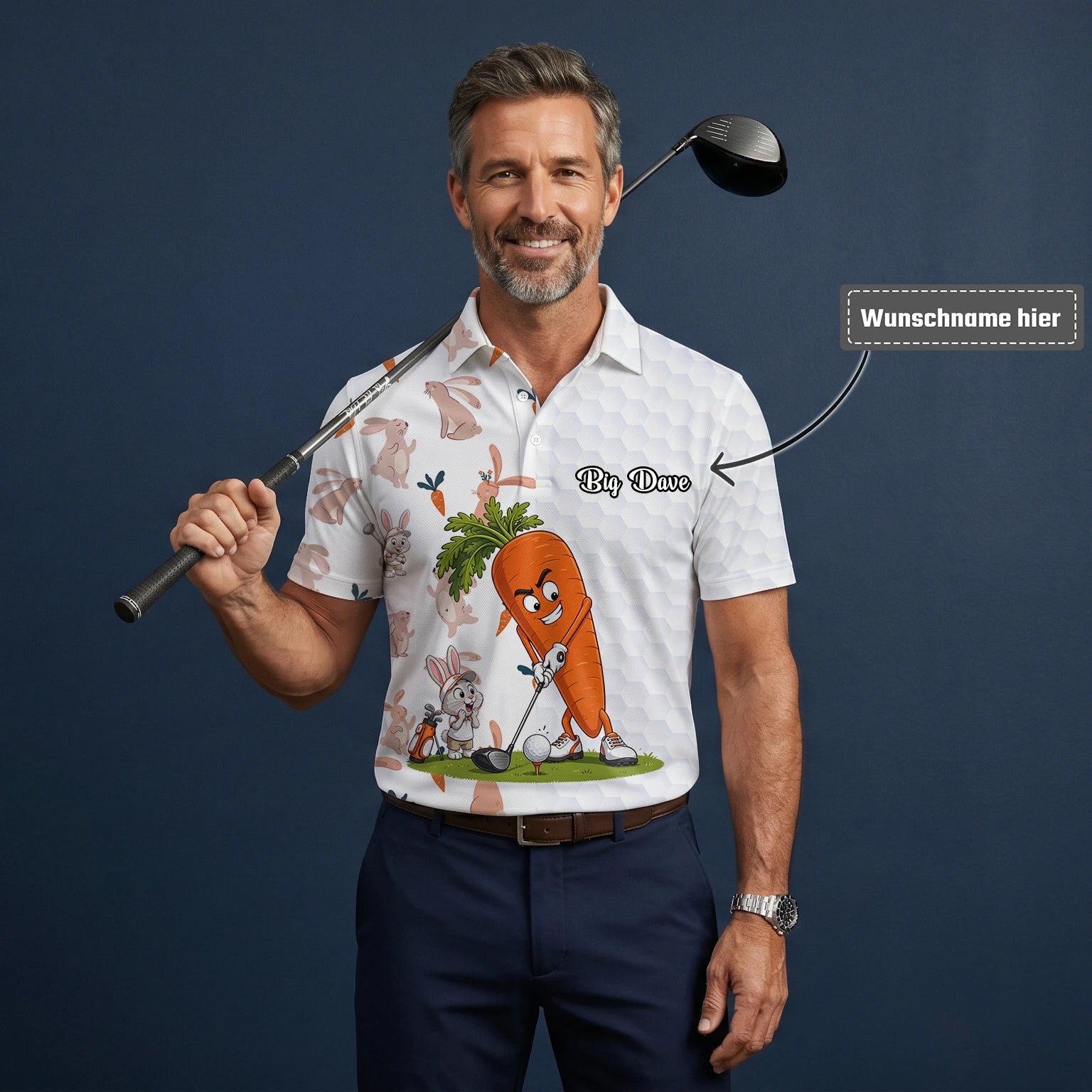 Personalisiertes Golf Poloshirt Weiß Karotten Hase Golfer Cartoon Design für Herren Y6359