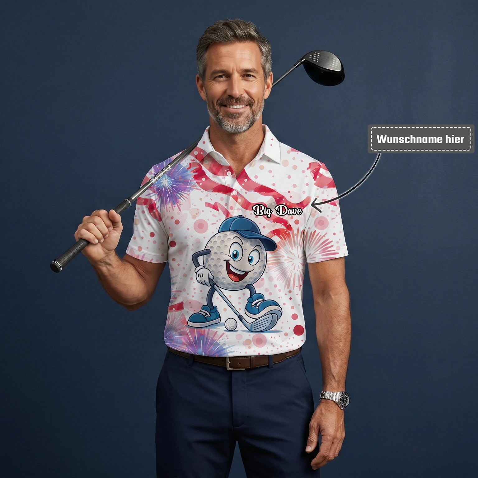 Personalisiertes Golf Poloshirt Weiß Rosa Golfball Cartoon Feuerwerk Design für Herren C2083