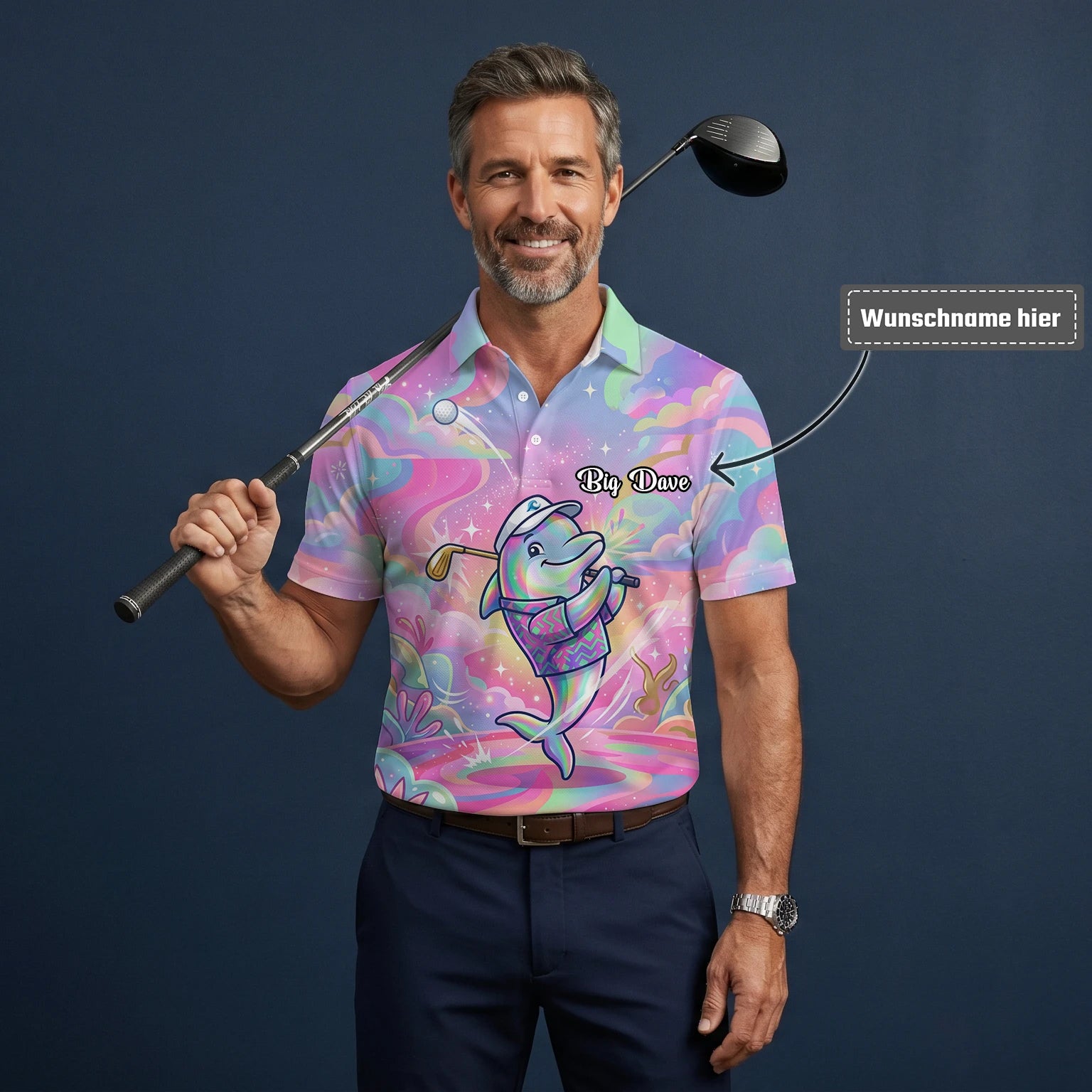 Personalisiertes Golf Poloshirt Pastell Regenbogen Delfin Golfer Cartoon Design für Herren L3862