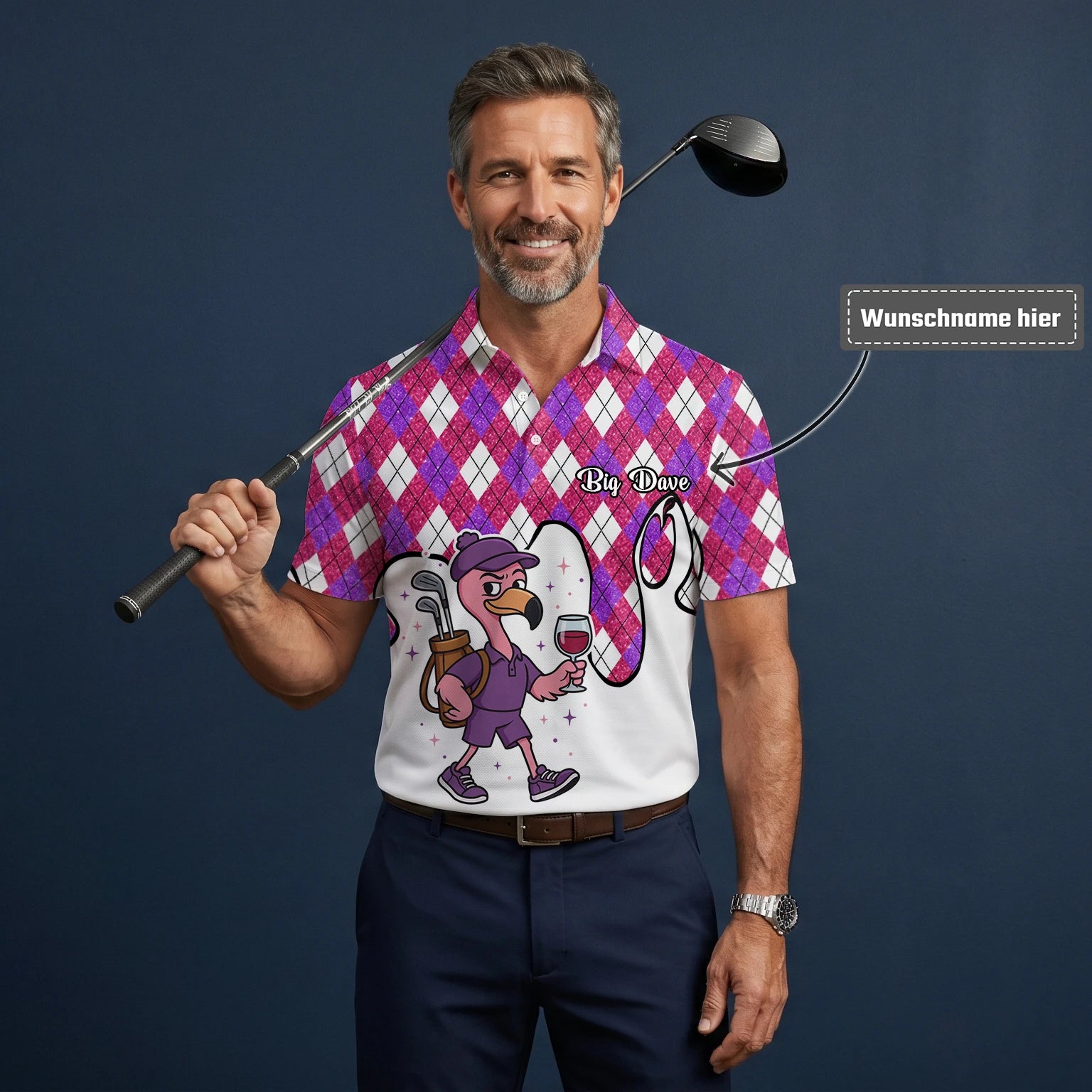 Personalisiertes Golf Poloshirt Pink Lila Rauten Strauß Golfer Cartoon Design für Herren D7000