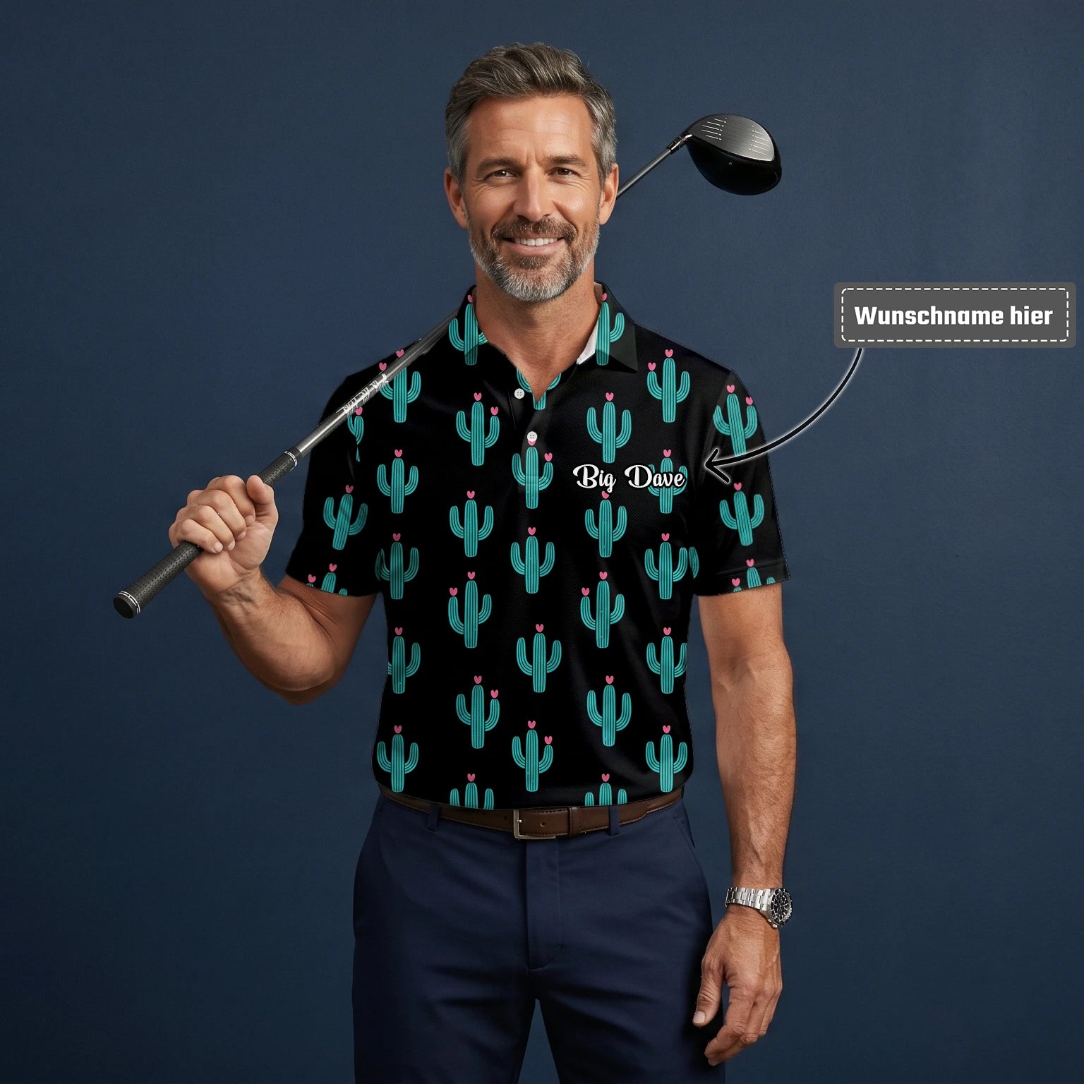 Personalisiertes Golf Poloshirt Schwarz Türkis Kaktus Herz Design für Herren L0709