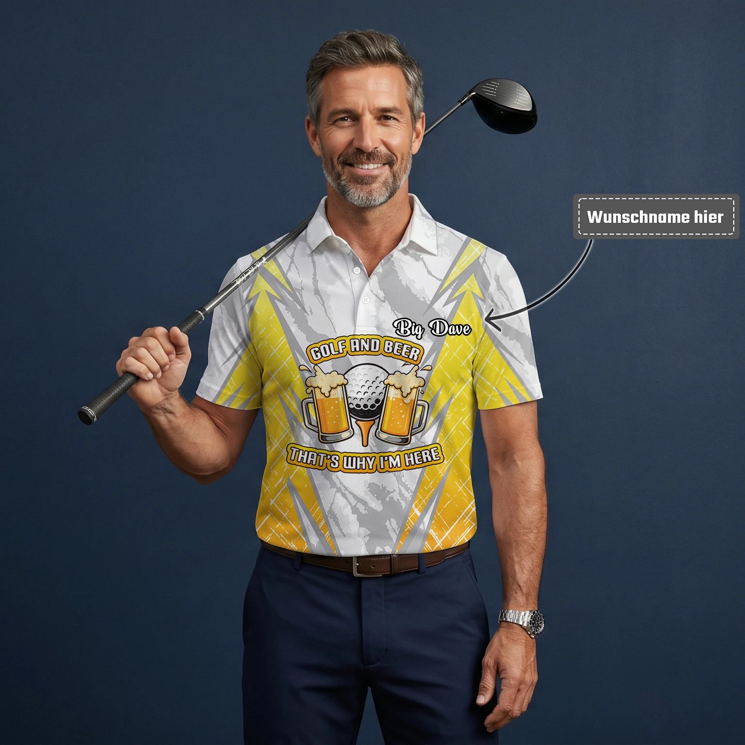 Personalisiertes Golf Poloshirt Grau Gelbes Golf und Bier Spruch Design für Herren P2319