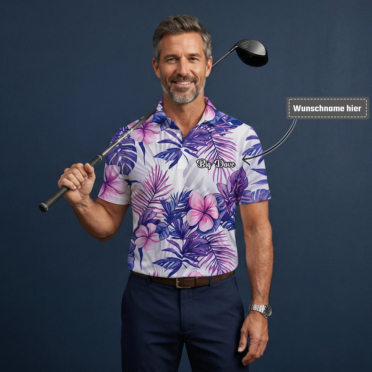 Personalisiertes Golf Poloshirt Weiß Lila Tropisches Hibiskus Blätter Design für Herren H1054