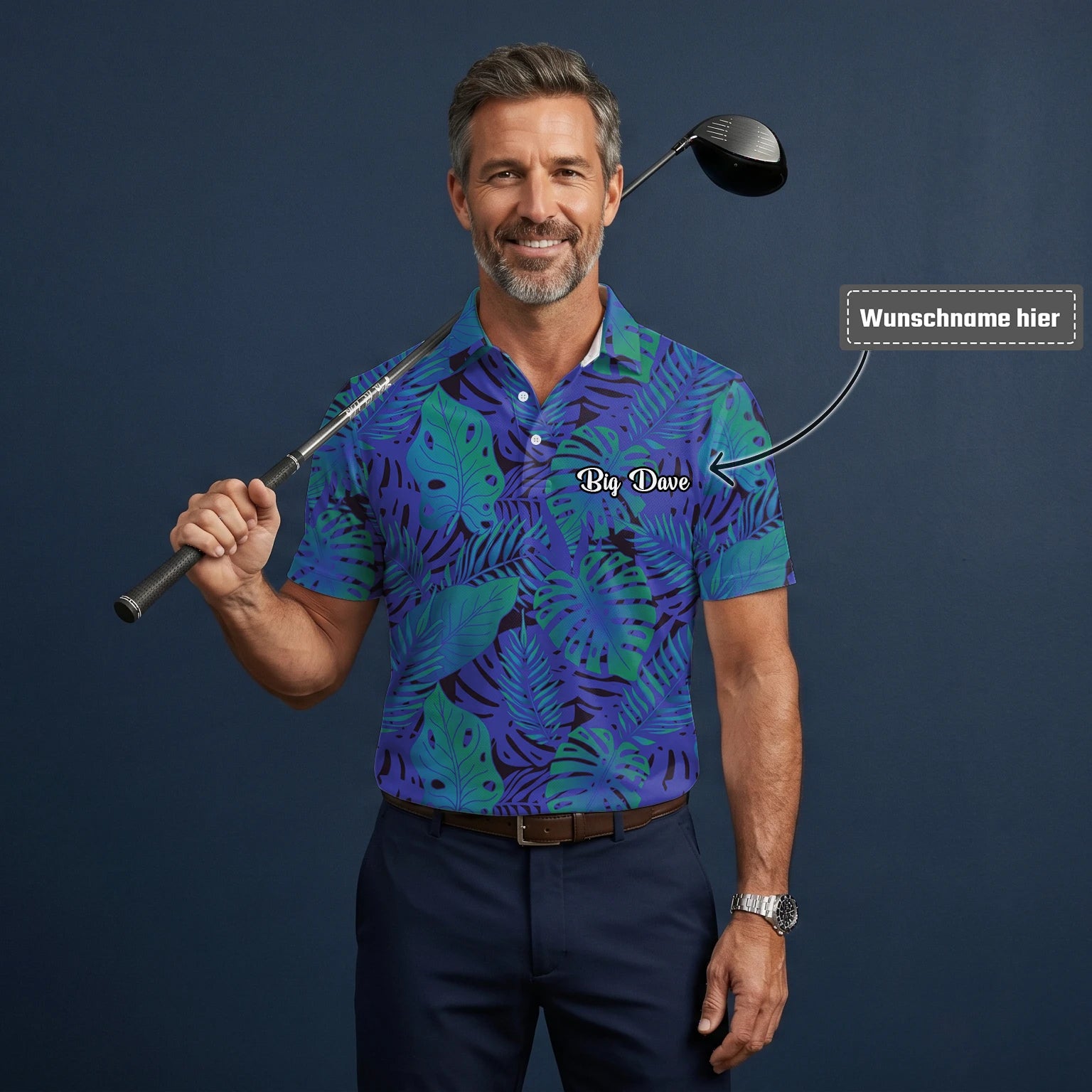 Personalisiertes Golf Poloshirt Blau Lila Tropisches Monstera Blätter Design für Herren G3142