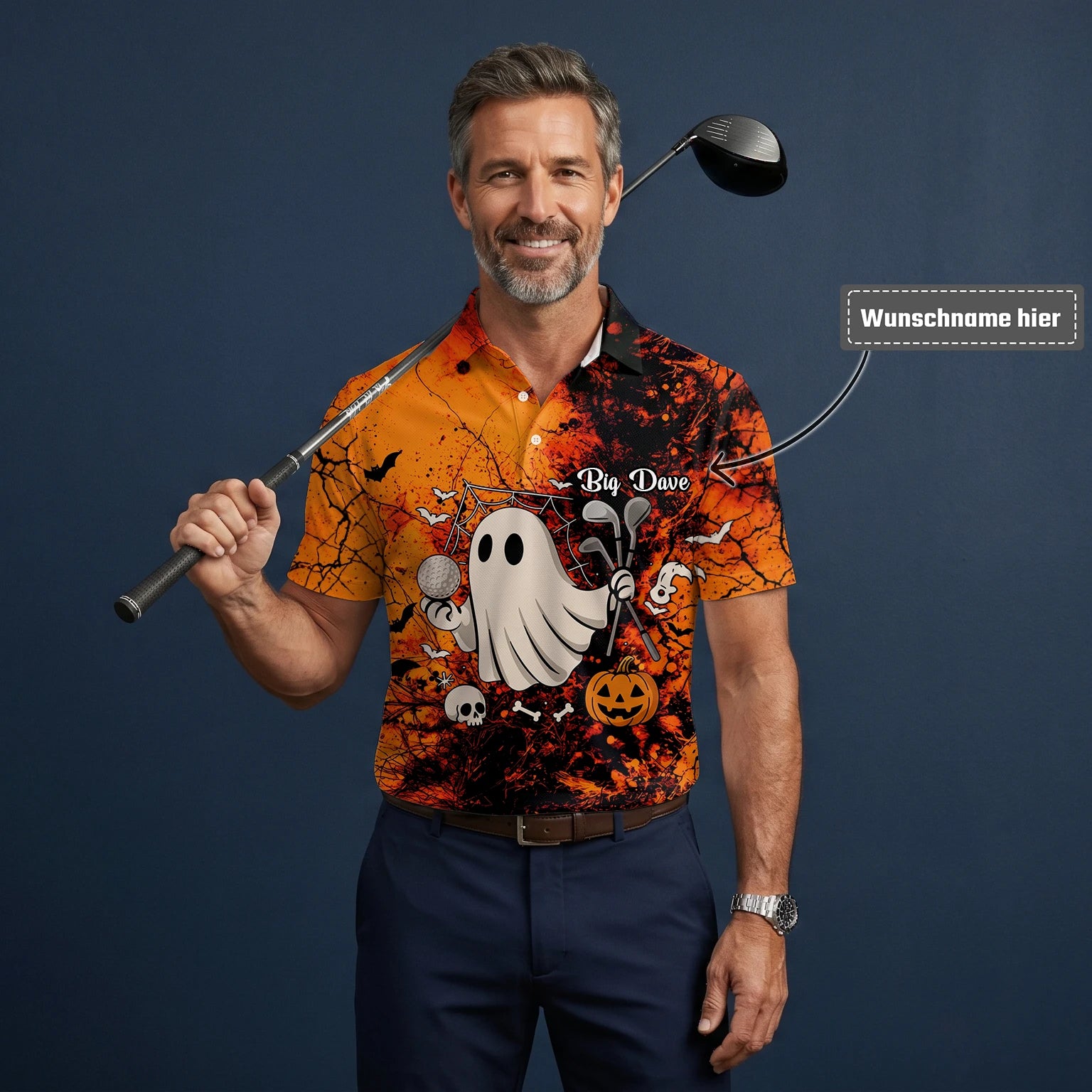 Personalisiertes Golf Poloshirt Orange Halloween Gespenst Golfer Design für Herren M0695