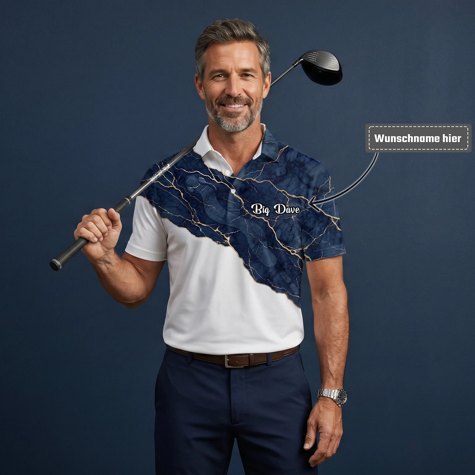 Personalisiertes Golf Poloshirt Weiß Marineblaues Marmor Goldadern Design für Herren B4939