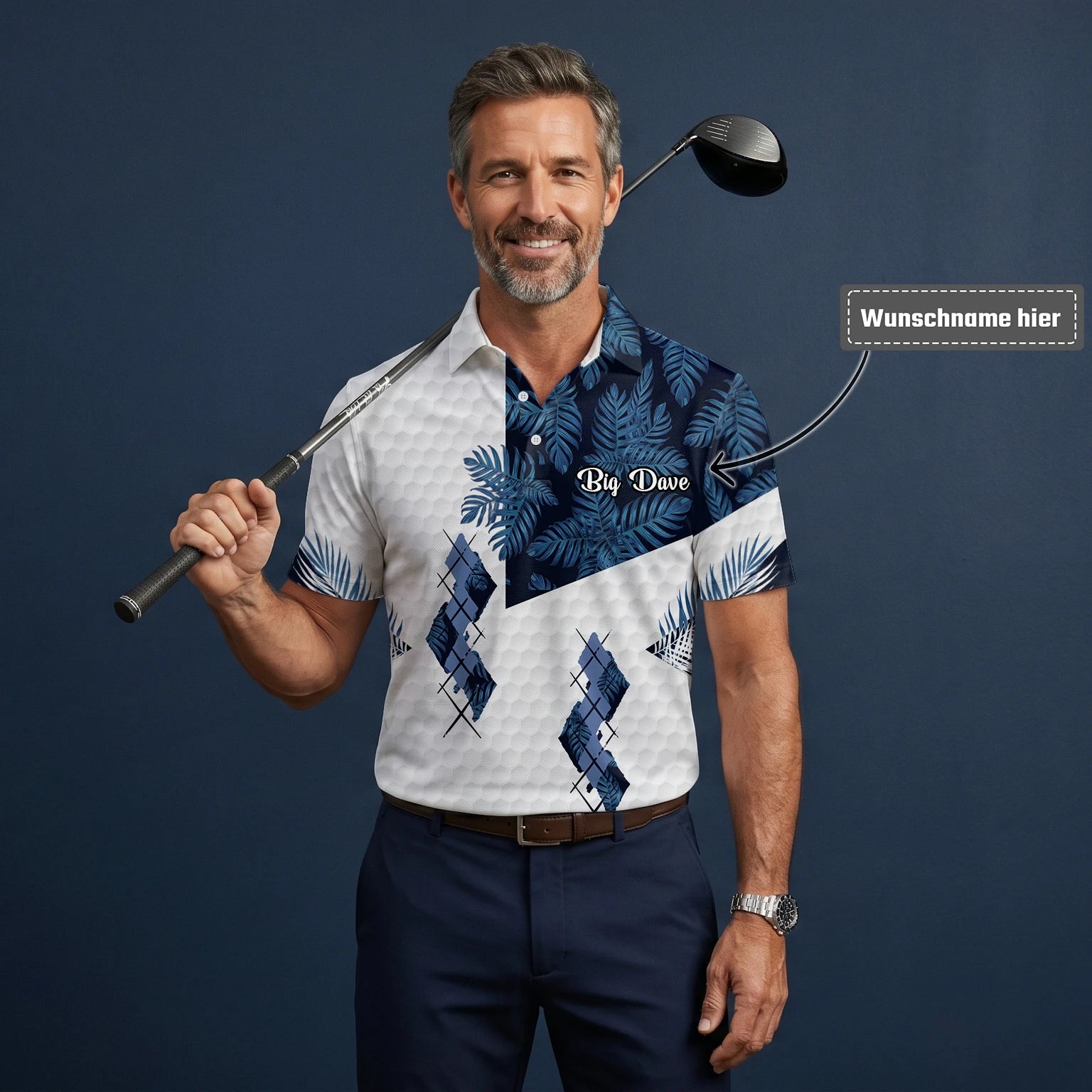 Personalisiertes Golf Poloshirt Weiß Marineblaues Tropisches Blätter Rauten Design für Herren D6549