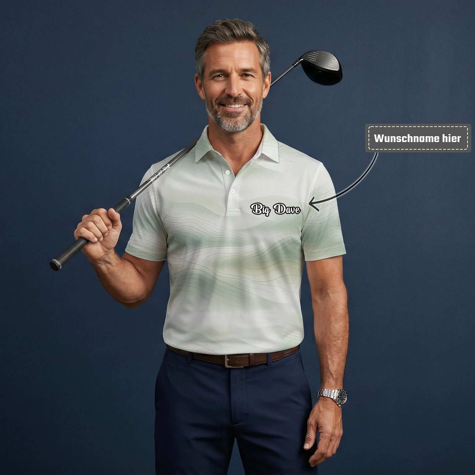 Personalisiertes Golf Poloshirt Weiß Salbeigrünes Abstraktes Wellen Design für Herren F8070