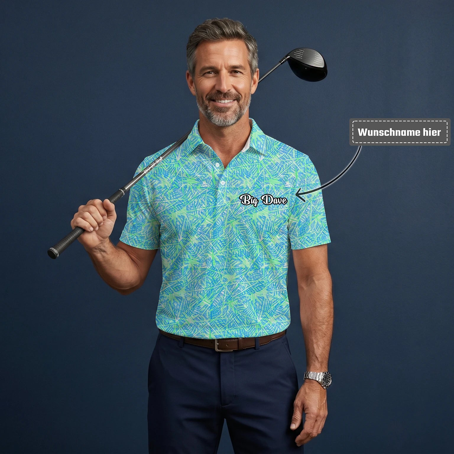 Personalisiertes Golf Poloshirt Türkis Limettengrünes Tropisches Blätter Design für Herren U1015