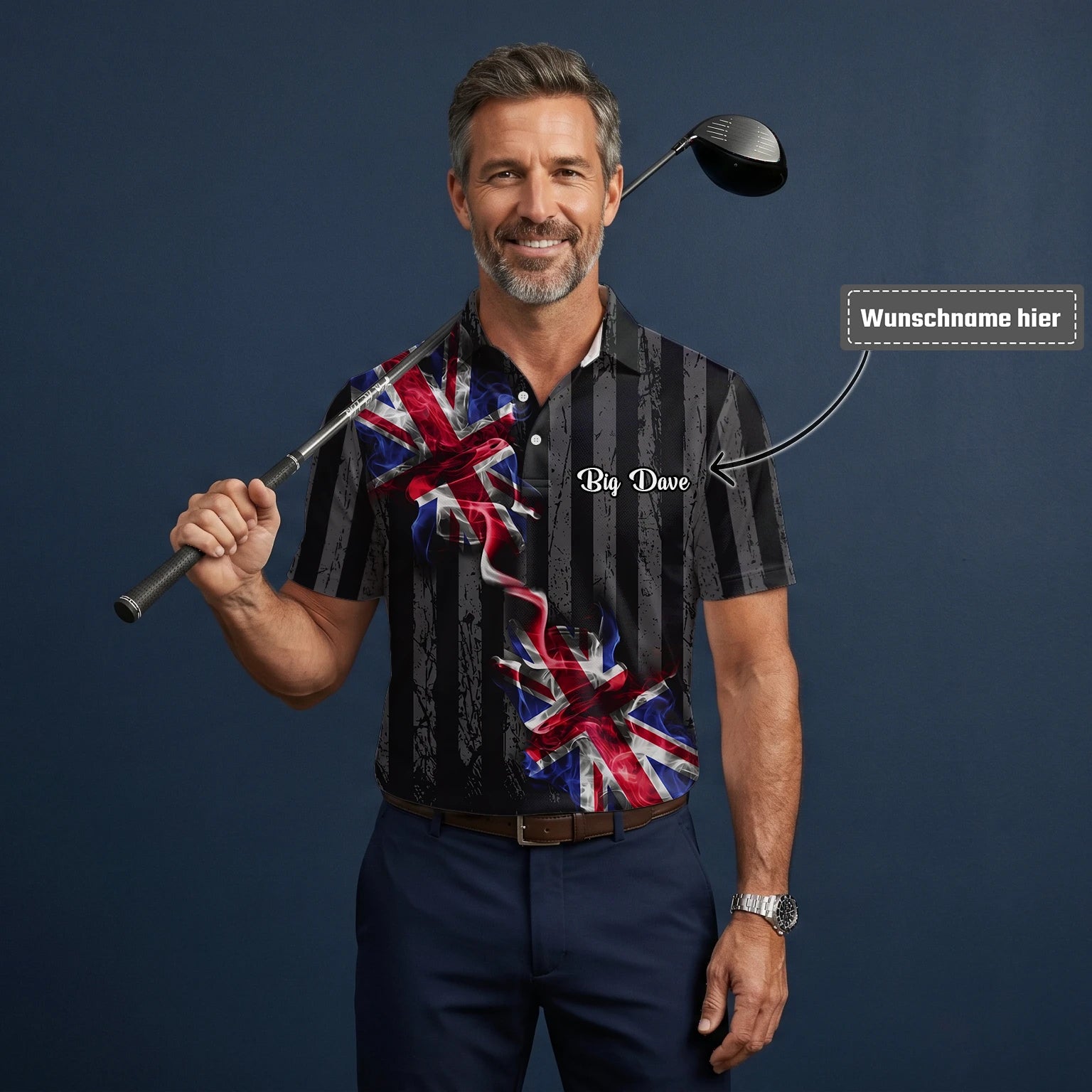 Personalisiertes Golf Poloshirt Schwarz Union Jack Blitz Design für Herren U9443