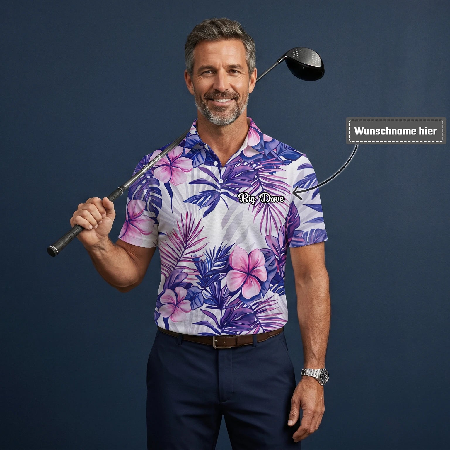 Personalisiertes Golf Poloshirt Weiß Lila Tropisches Hibiskus Blätter Design für Herren H1054