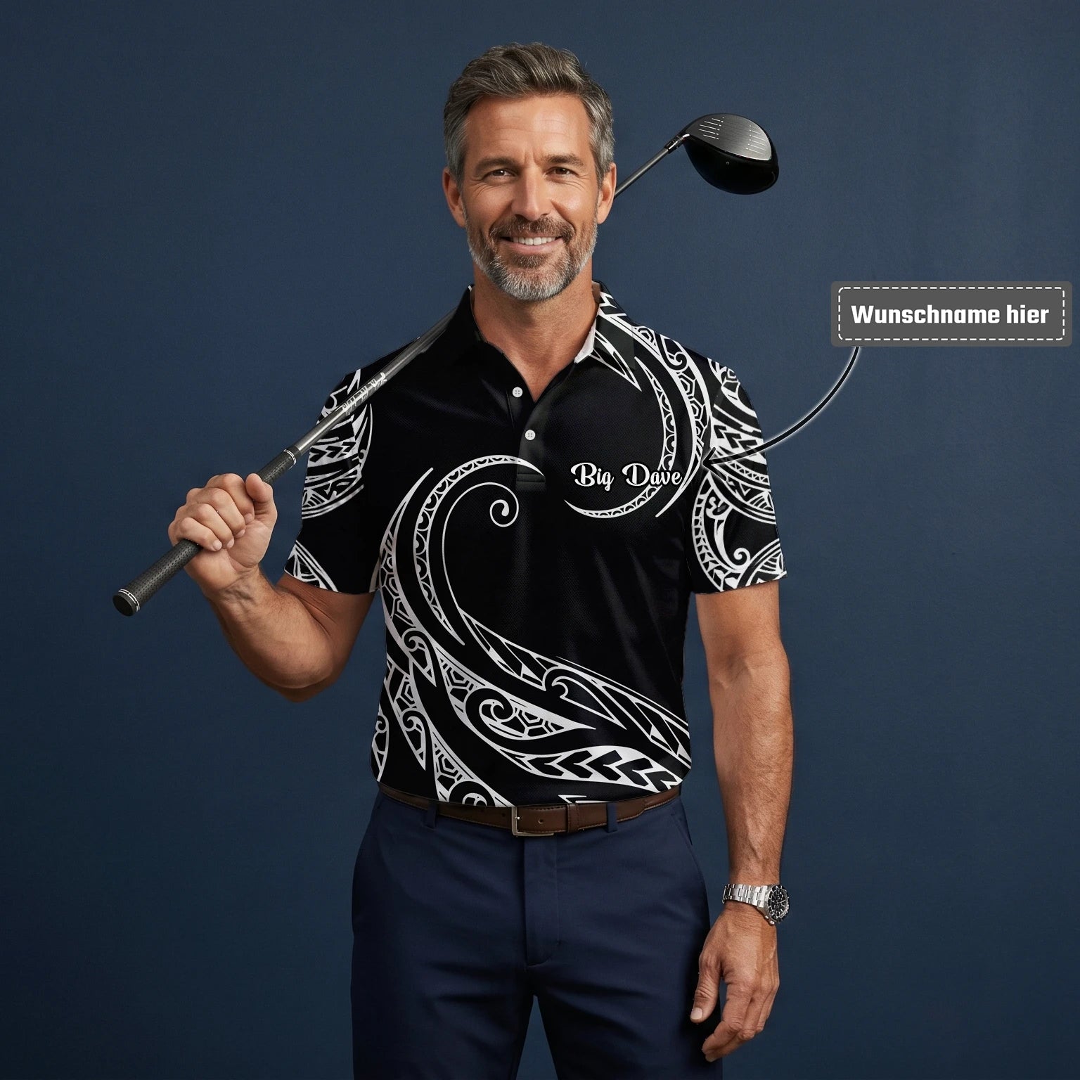 Personalisiertes Golf Poloshirt Schwarz Weißes Tribal Wellen Design für Herren R9560