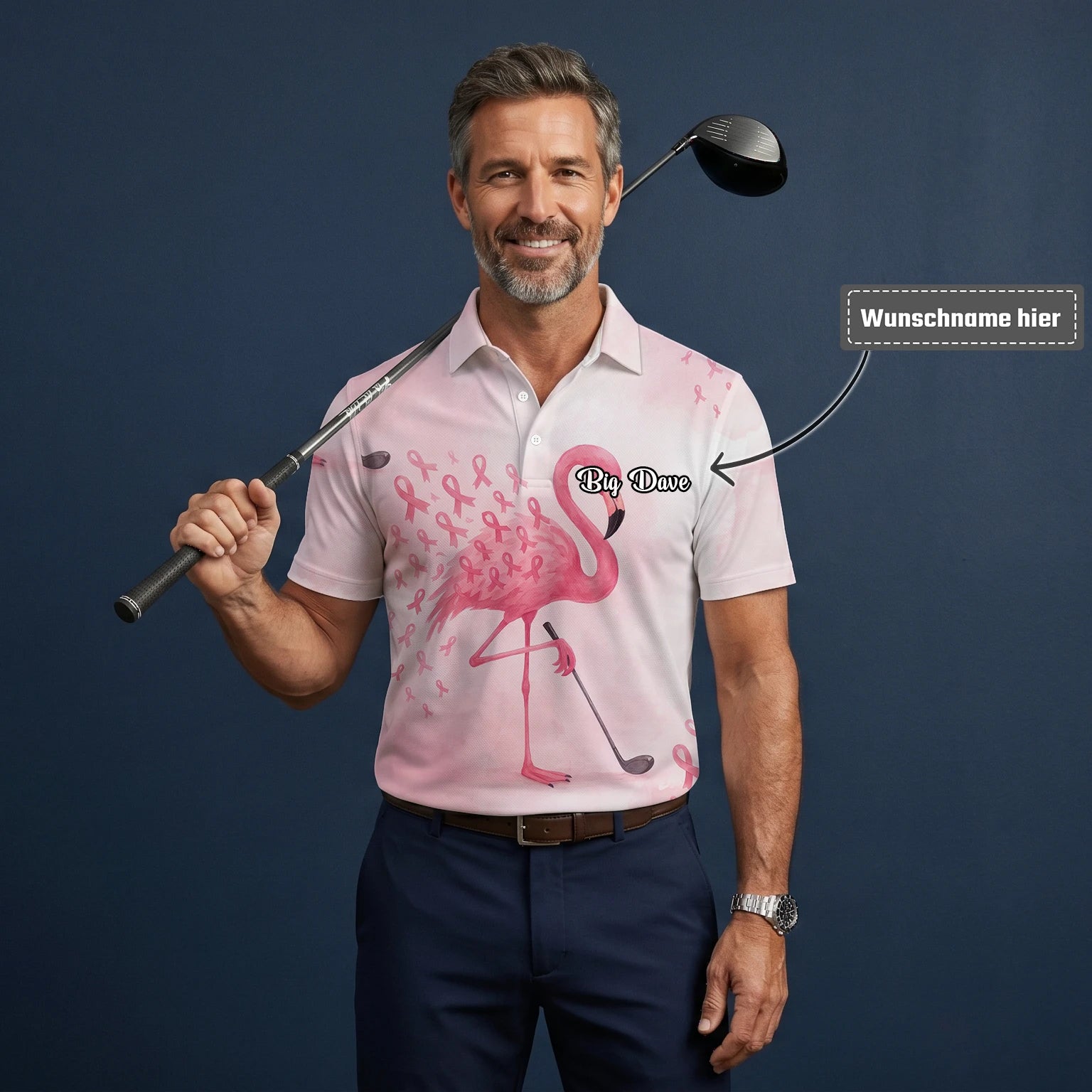 Personalisiertes Golf Poloshirt Rosa Flamingo Golfer Brustkrebs Schleifen Design für Herren R9354
