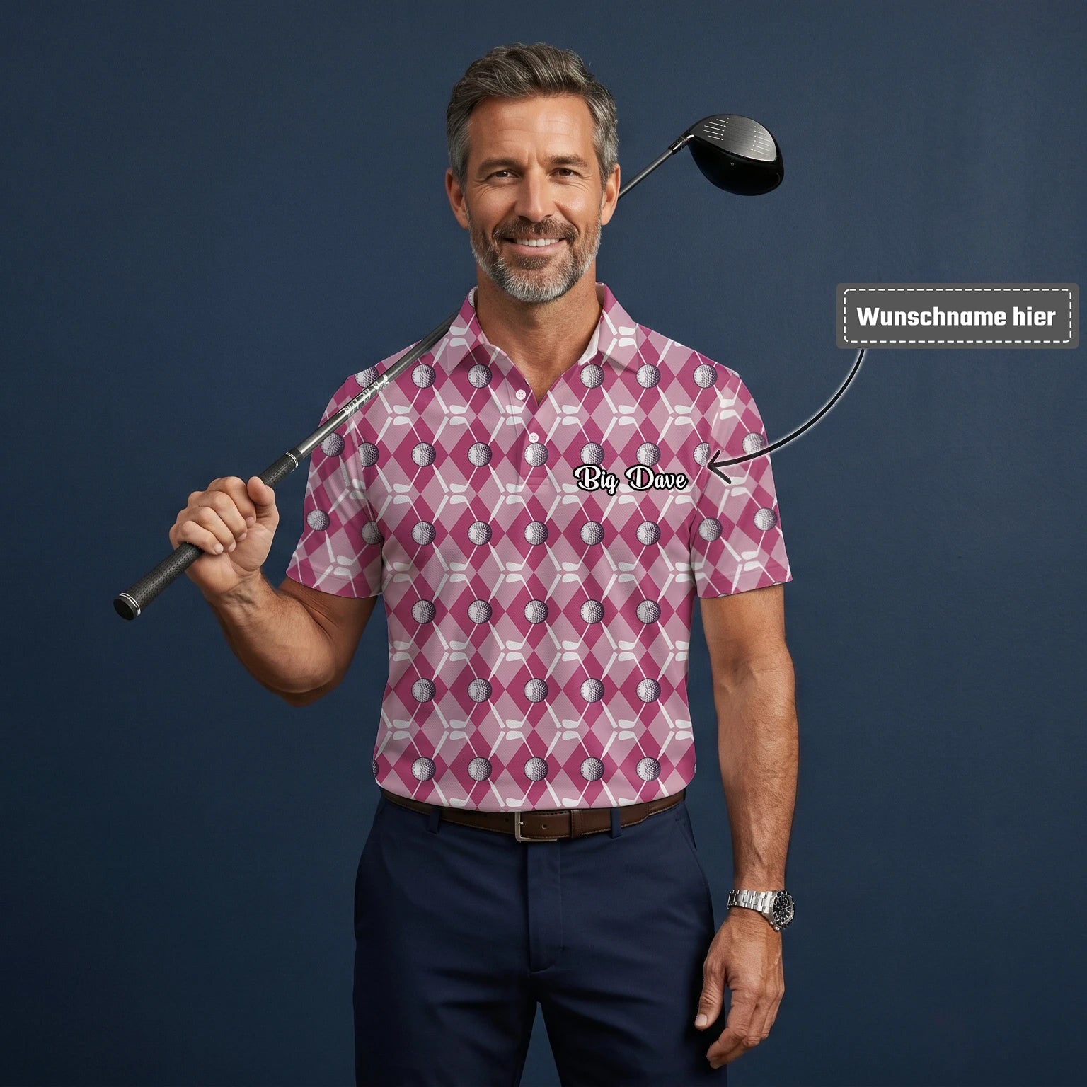 Personalisiertes Golf Poloshirt Rosa Rauten Golfball Design für Herren X0000