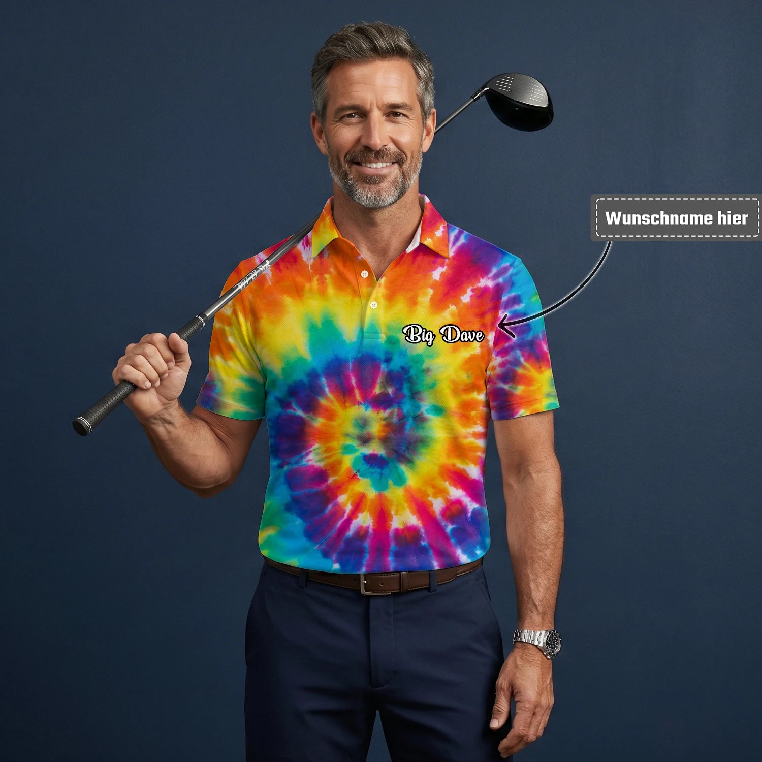 Personalisiertes Golf Poloshirt mit Regenbogen-Batik-Spirale für Herren S4610