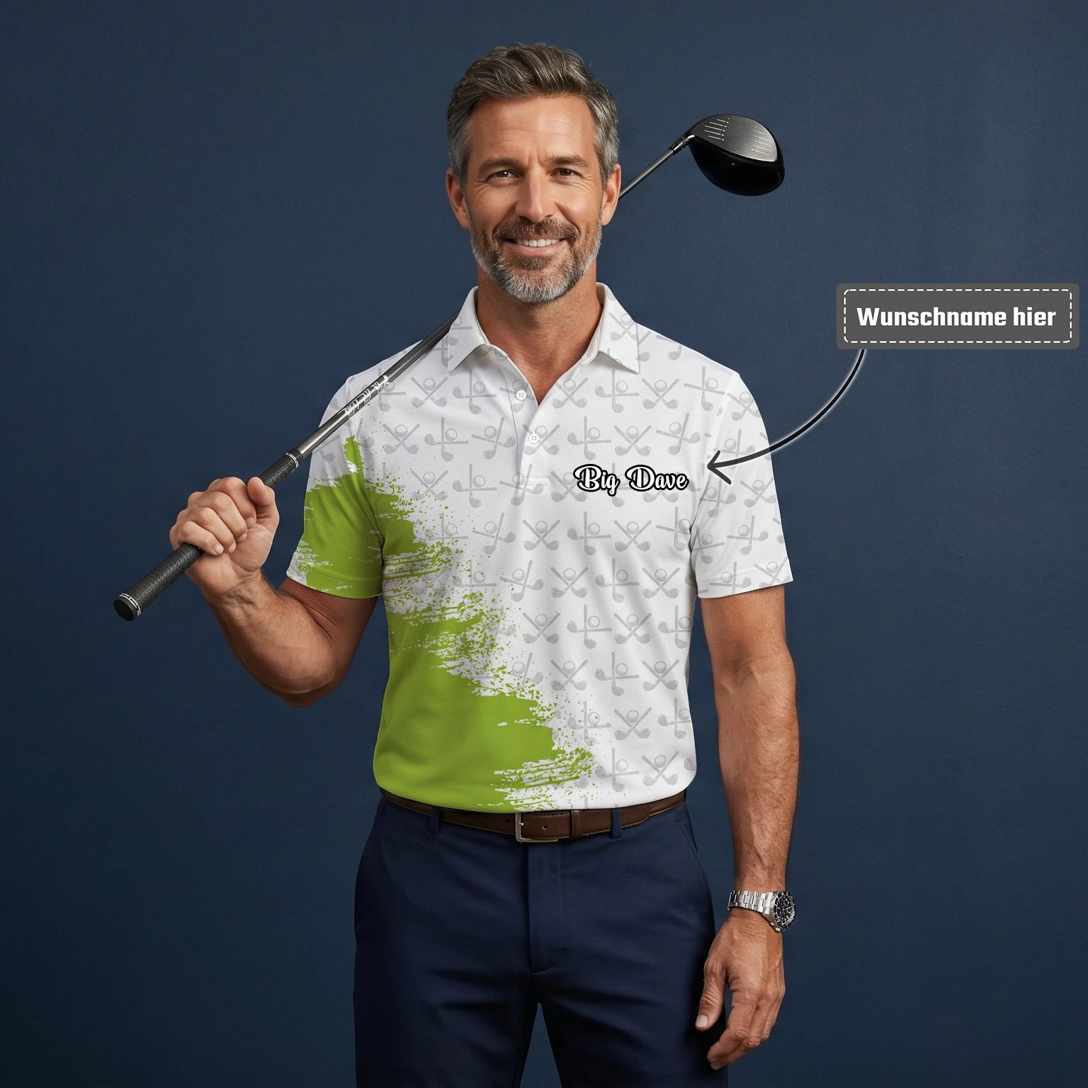 Personalisiertes Golf Poloshirt in Weiß-Limettengrün mit Golfschläger-Muster und Farbklecks für Herren H4508