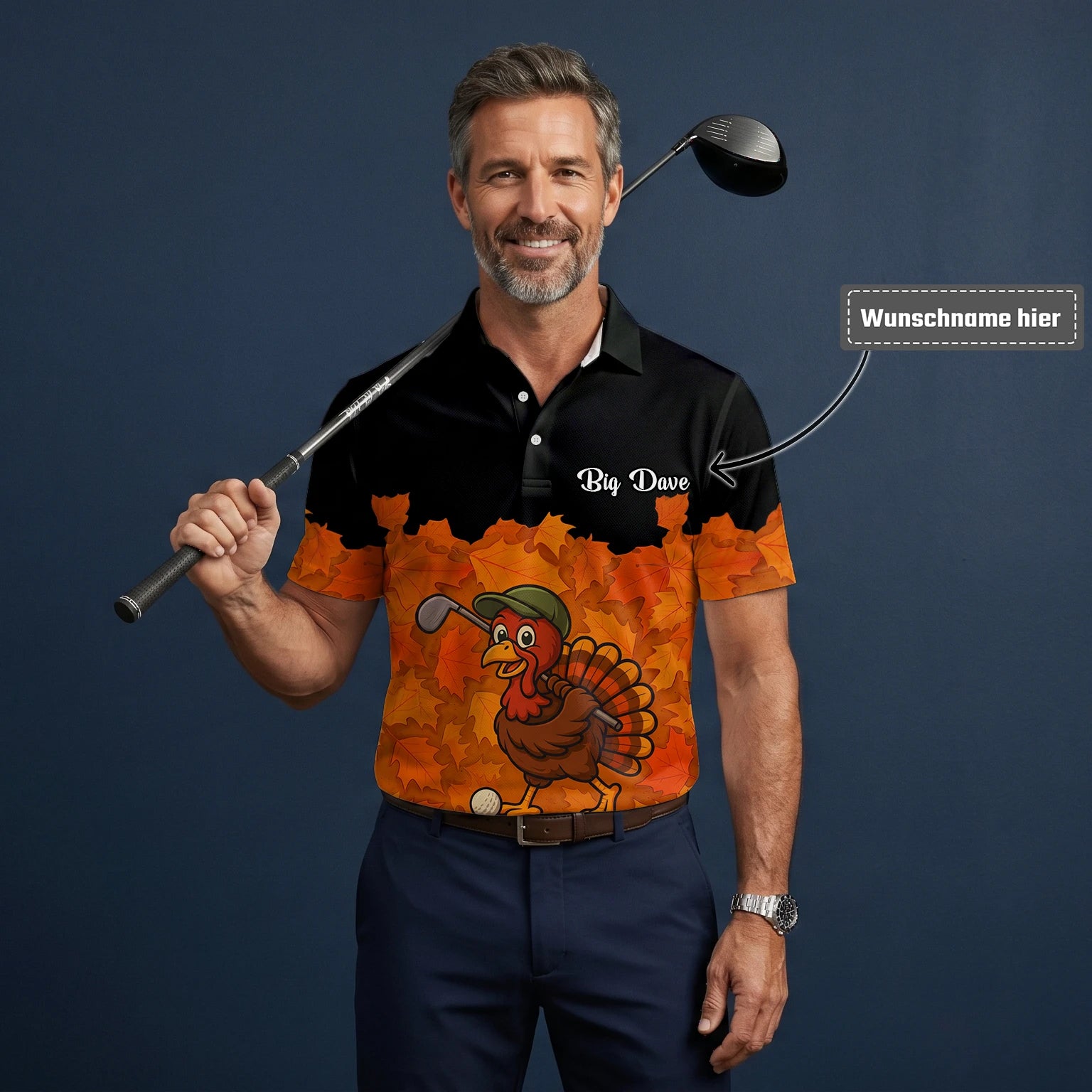 Personalisiertes Golf Poloshirt Schwarz Orange Thanksgiving Truthahn Golfer Design für Herren W0964