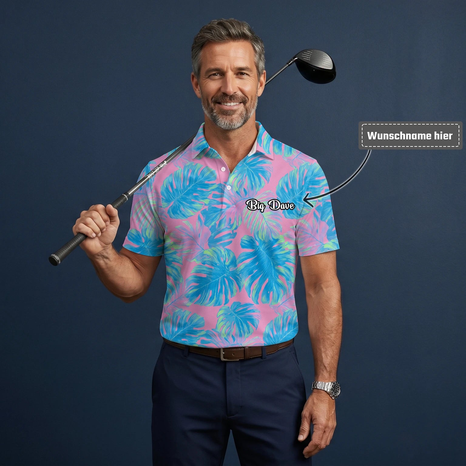 Personalisiertes Golf Poloshirt Rosa Türkis Tropisches Monstera Blätter Design für Herren C8385