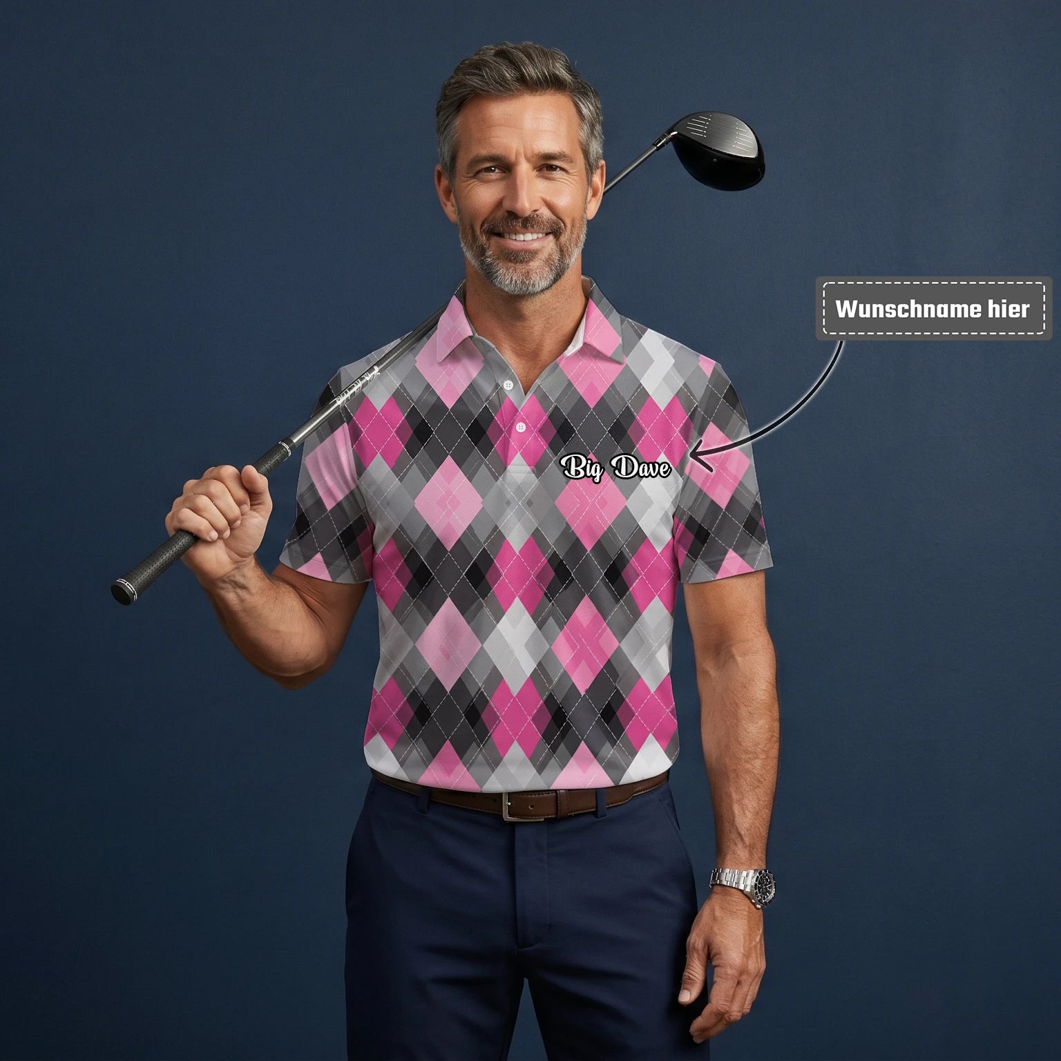 Personalisiertes Golf Poloshirt Rosa Graues Rauten Muster für Herren Z9376