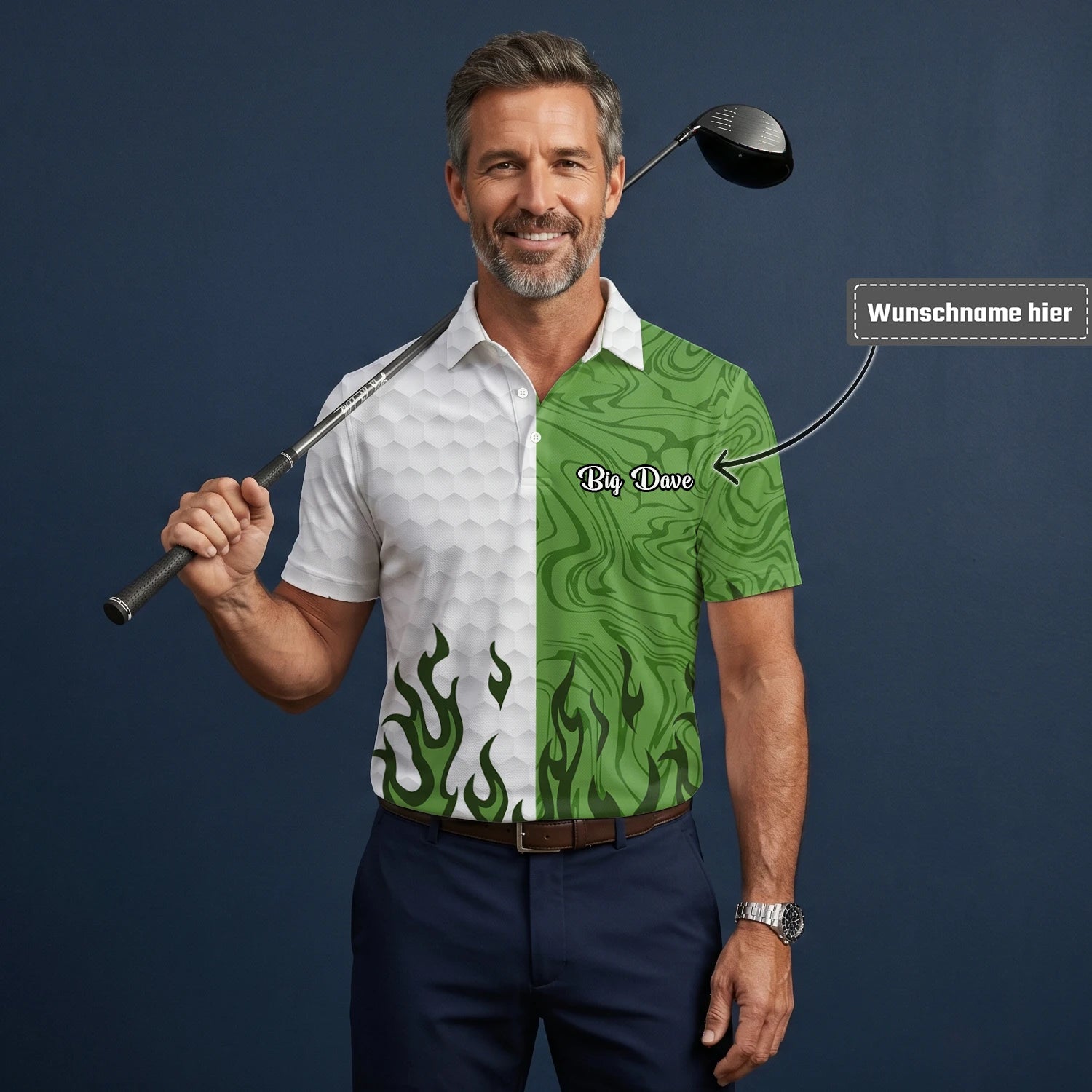 Personalisiertes Golf Poloshirt Weiß Grünes Flammen Marmor Design für Herren D2353