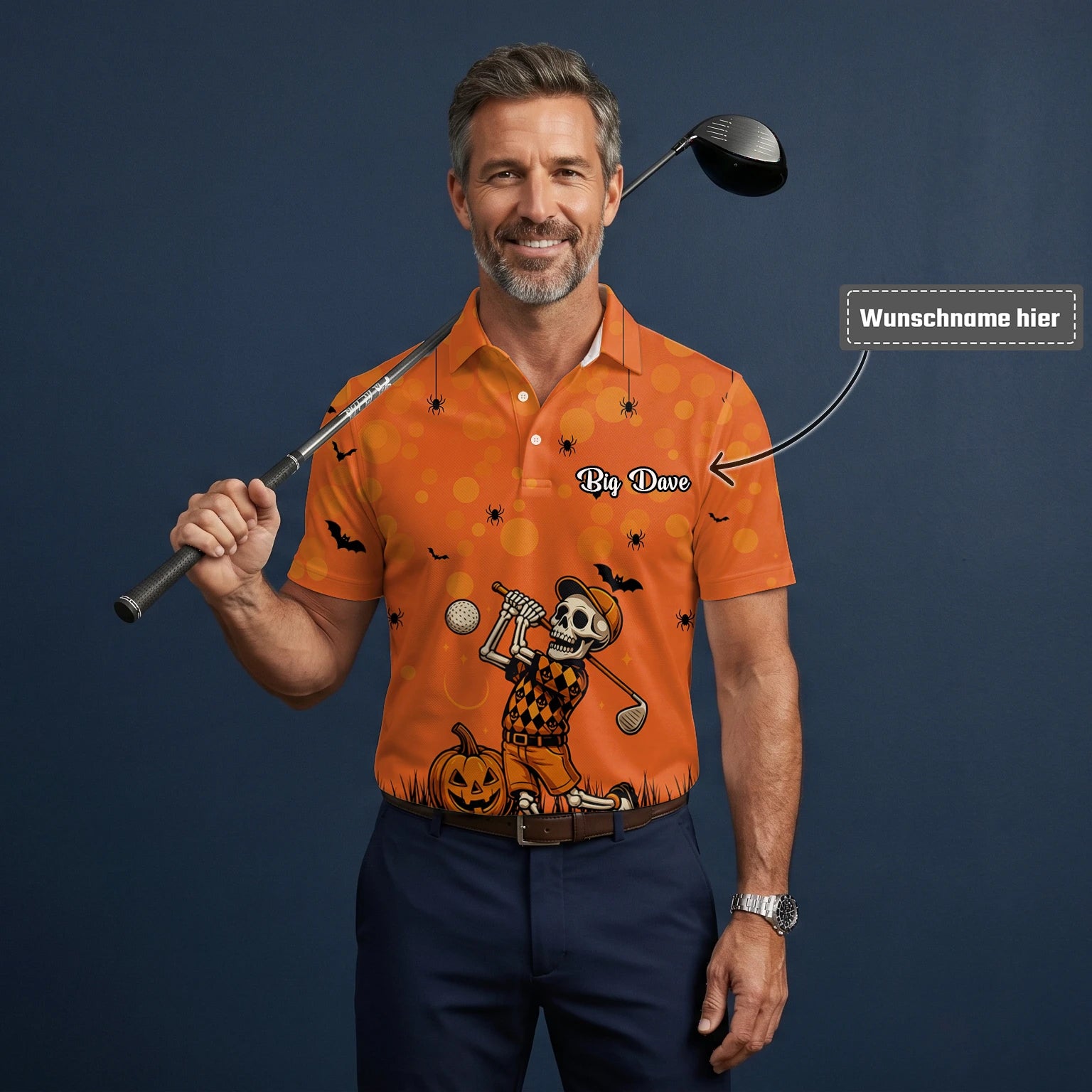 Personalisiertes Golf Poloshirt Orange Halloween Skelett Golfer Design für Herren D3851