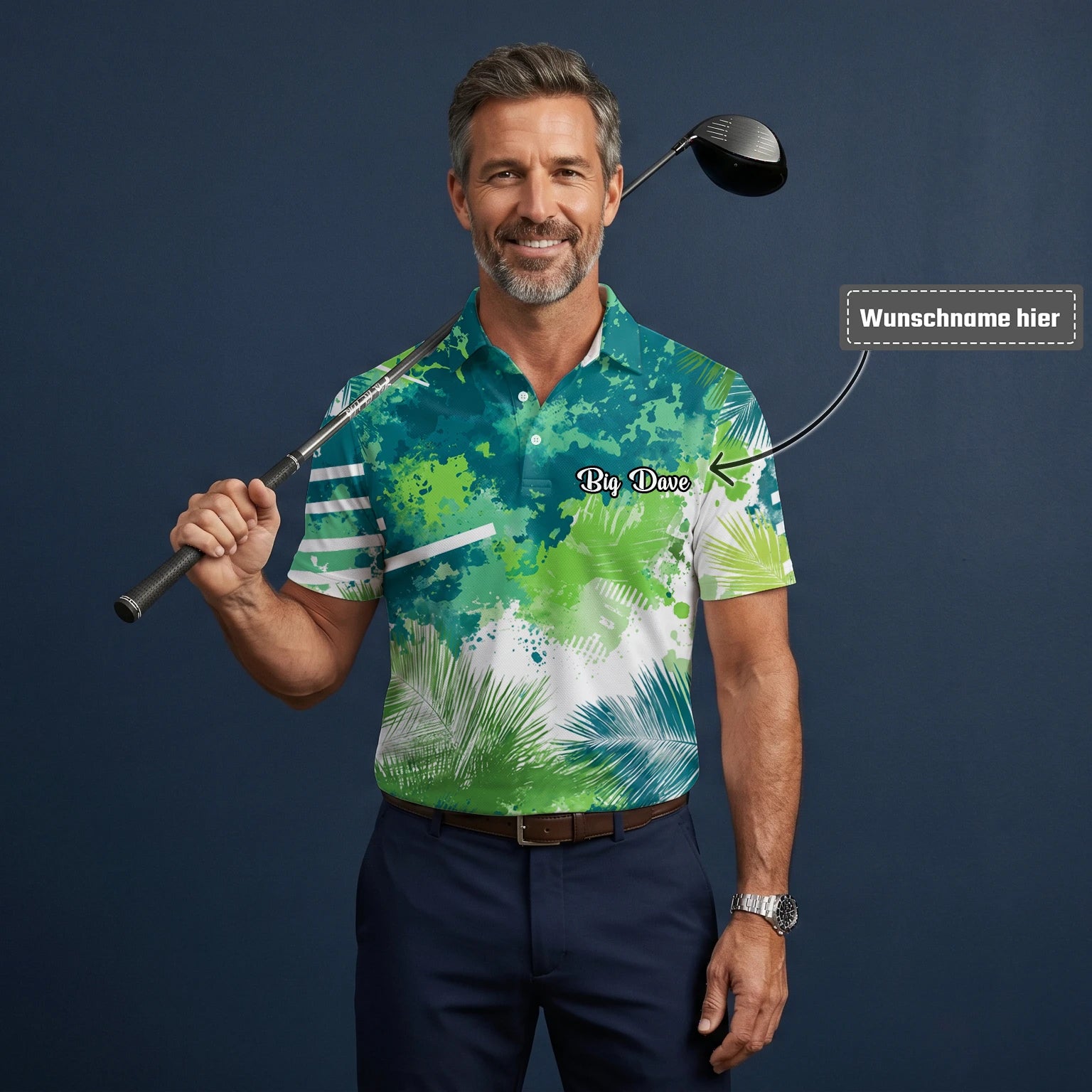 Personalisiertes Golf Poloshirt Grün Blaues Tropisches Blätter Farbklecks Design für Herren B7869
