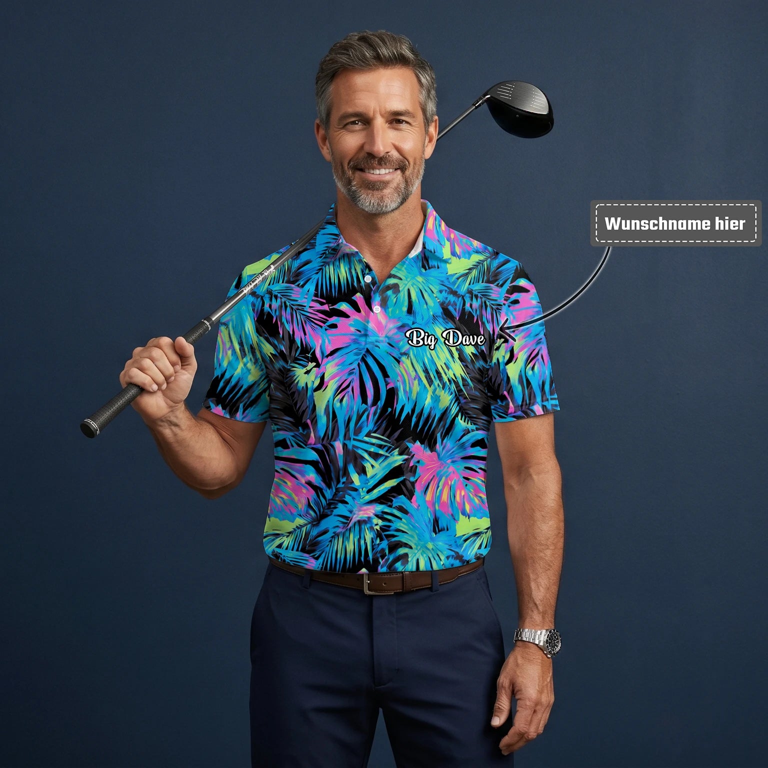 Personalisiertes Golf Poloshirt Schwarz Neon Tropisches Blätter Design für Herren D2207