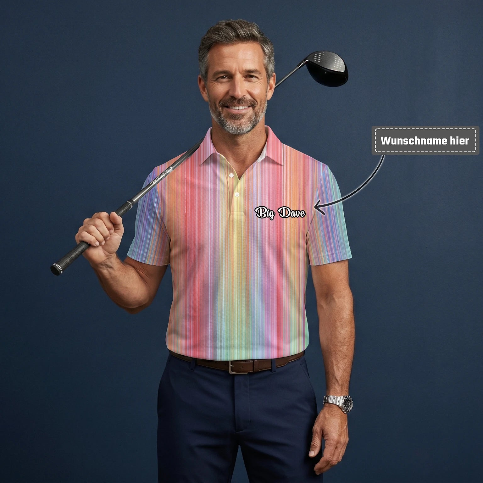 Personalisiertes Golf Poloshirt Pastell Regenbogen Streifen Design für Herren C5307