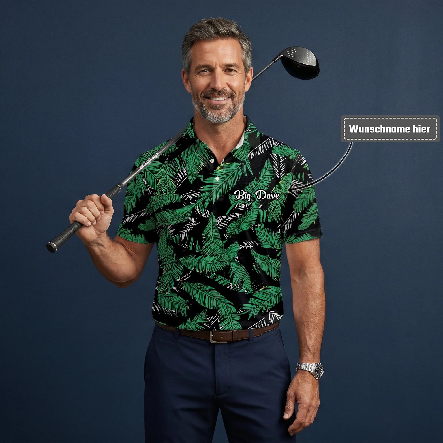 Personalisiertes Golf Poloshirt Schwarz Grünes Tropisches Bananenblätter Design für Herren K8023
