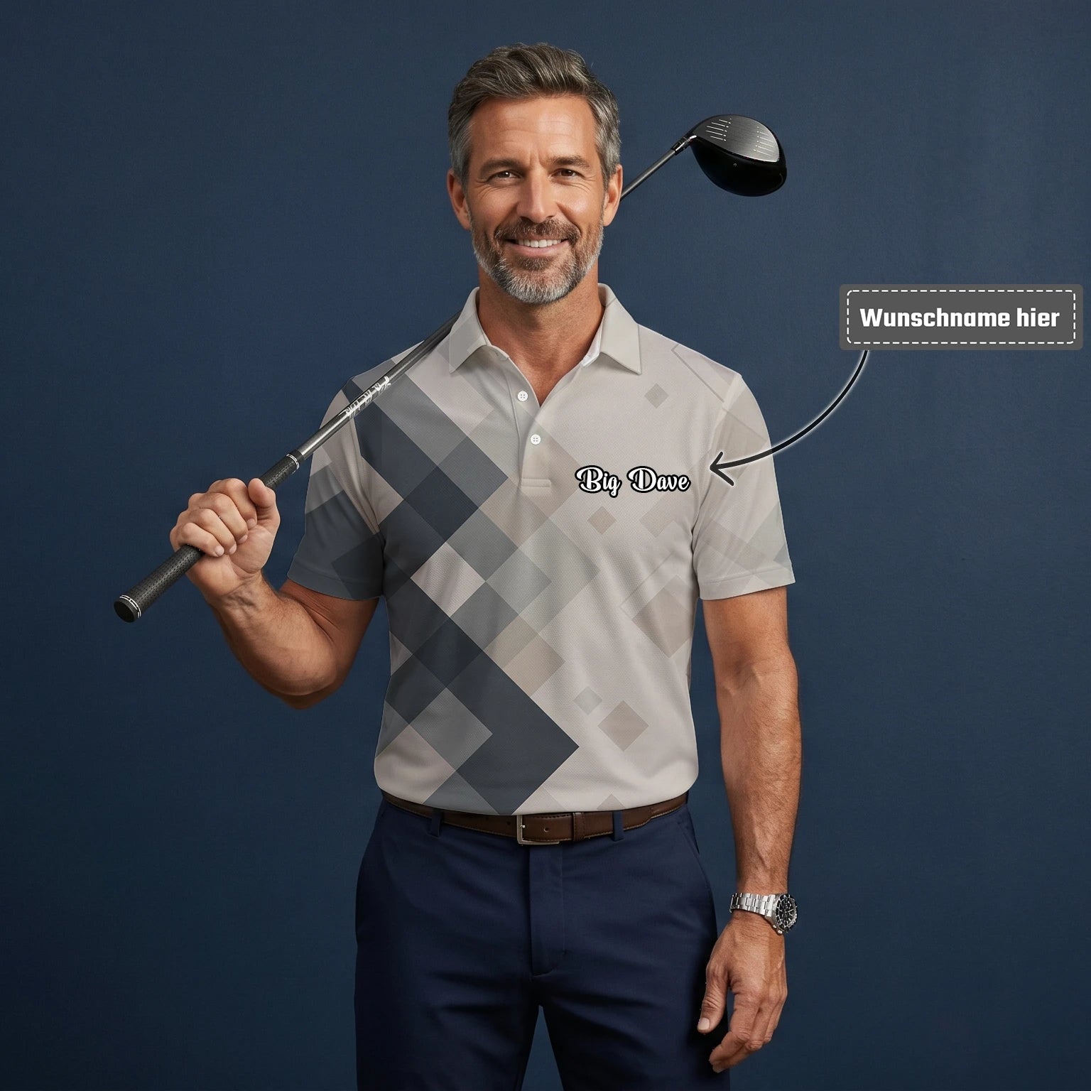 Personalisiertes Golf Poloshirt Beige Graues Rauten Muster für Herren Z6499