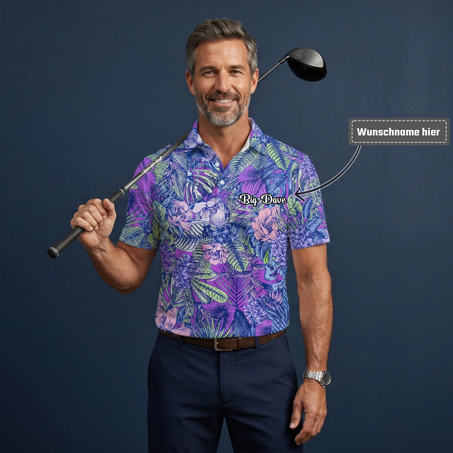 Personalisiertes Golf Poloshirt Lila Blaues Tropisches Blumen Blätter Design für Herren B8037