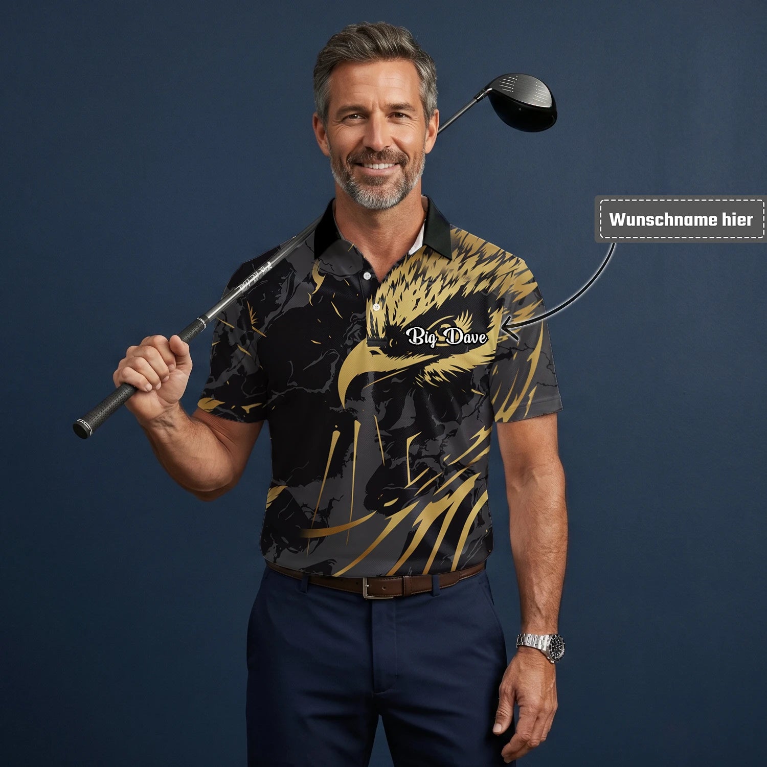 Personalisiertes Golf Poloshirt in Schwarz-Gold mit Adlerfeder-Motiv für Herren F0802