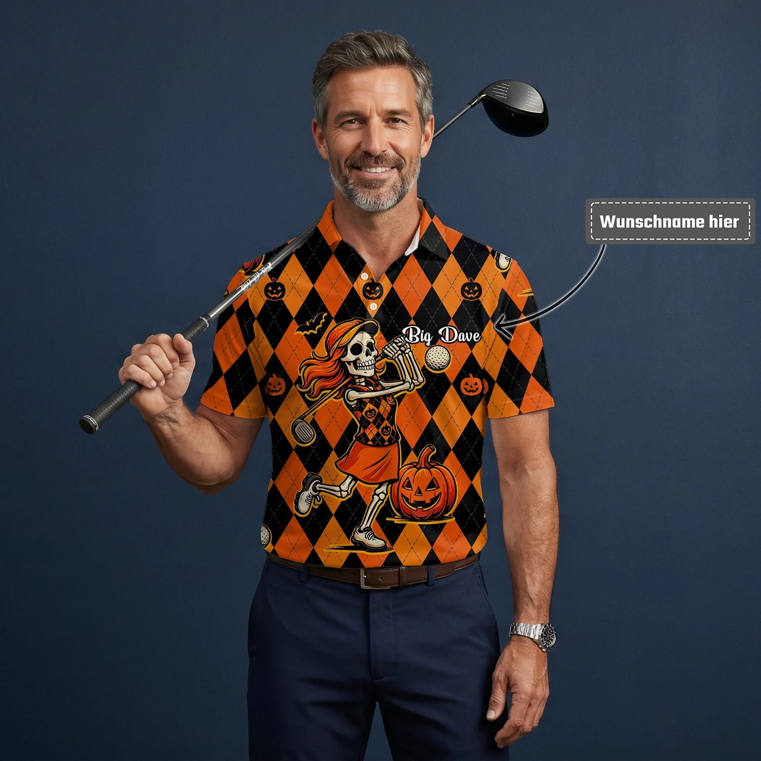Personalisiertes Golf Poloshirt Orange Schwarzes Halloween Skelett Golfer Kürbis Rauten Design für Herren Z9562