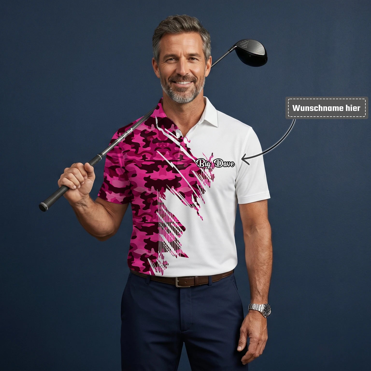 Personalisiertes Golf Poloshirt Weiß Rosa Camo Pinselstrich Design für Herren S6501