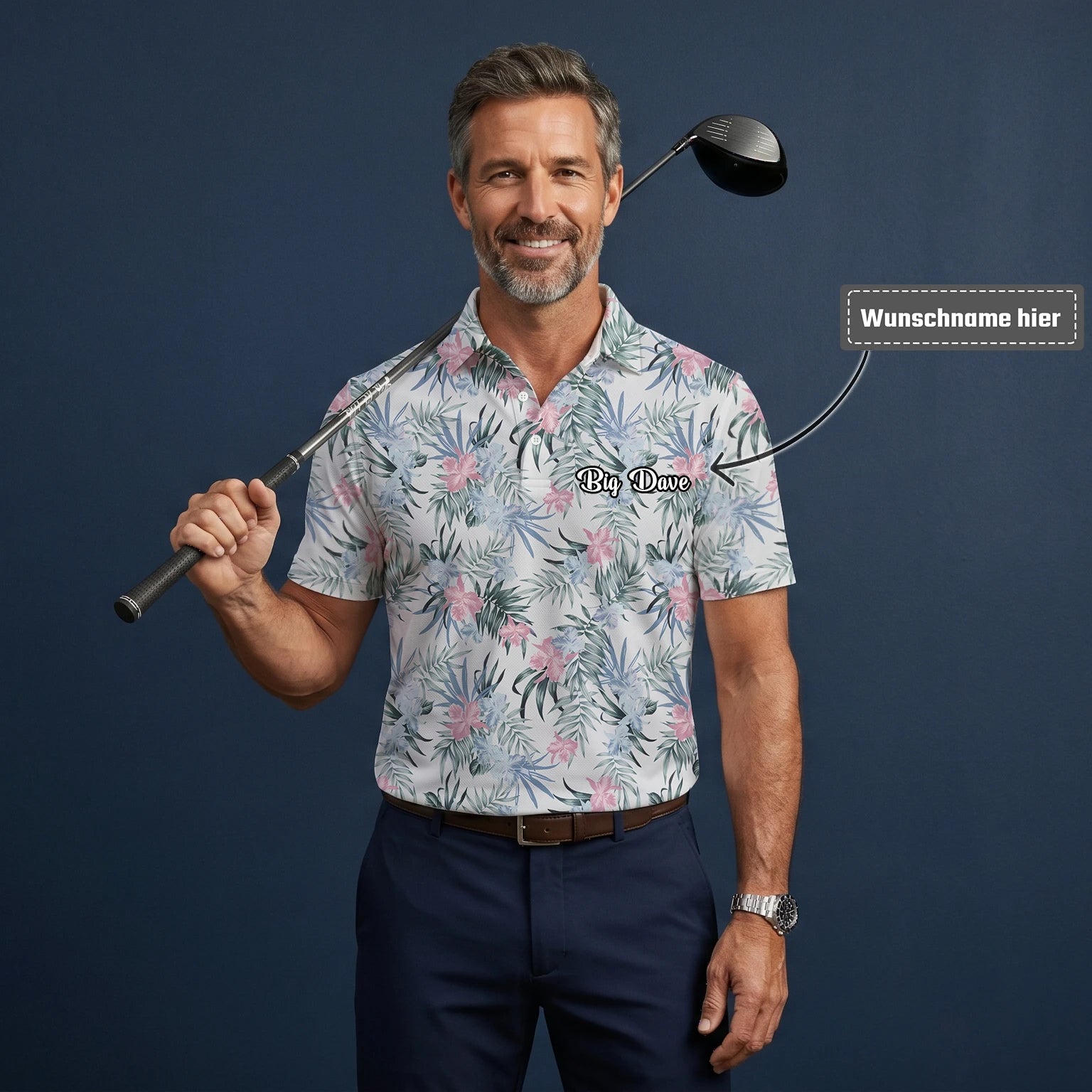 Personalisiertes Golf Poloshirt Weiß Rosa Tropisches Blumen Blätter Design für Herren C1037