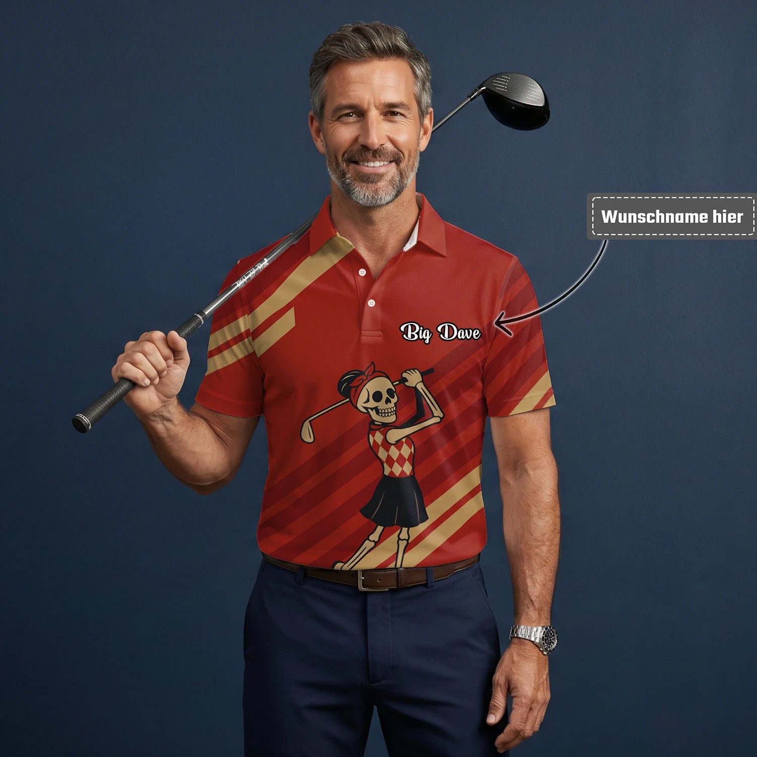 Personalisiertes Golf Poloshirt Rotes Skelett Golfer Cartoon Design für Herren Y0970