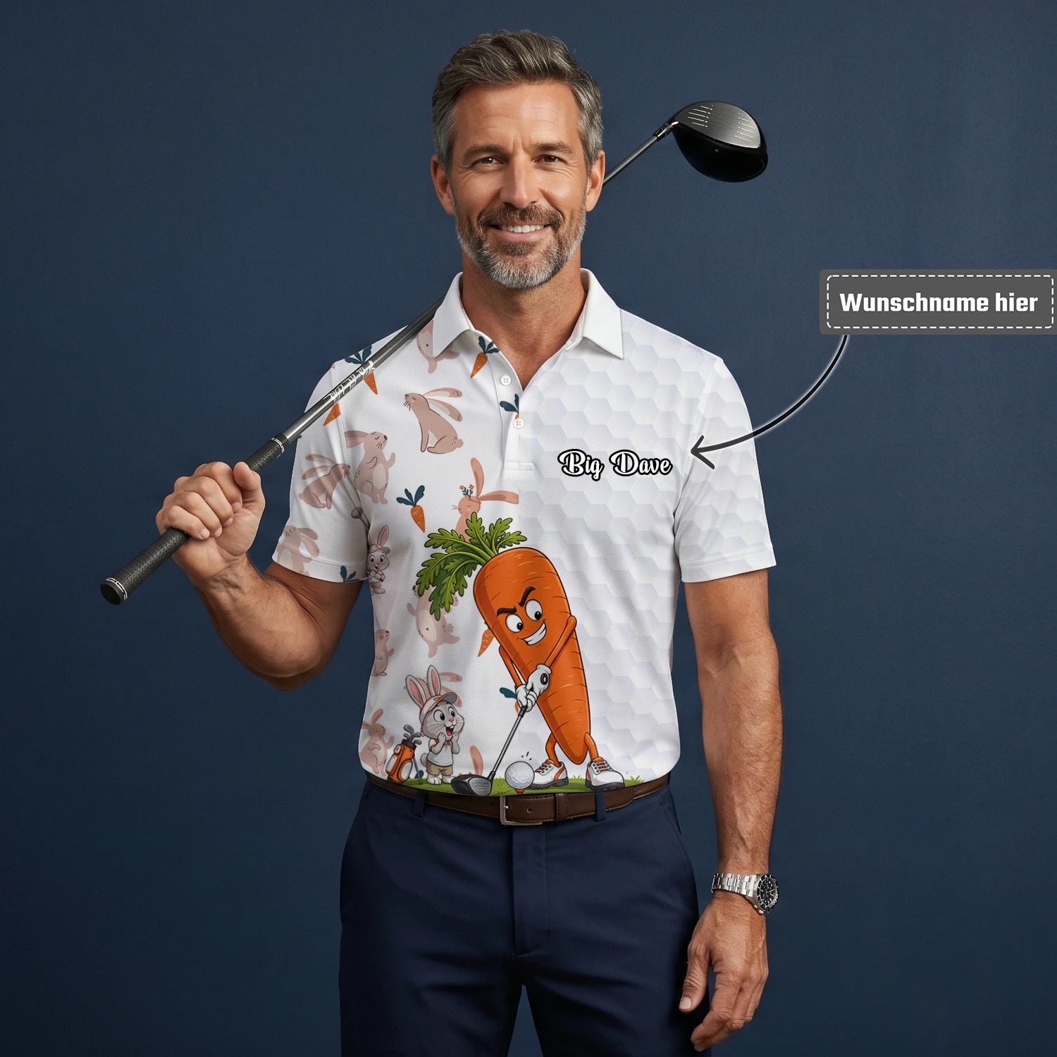 Personalisiertes Golf Poloshirt Weiß Karotten Hase Golfer Cartoon Design für Herren Y6359