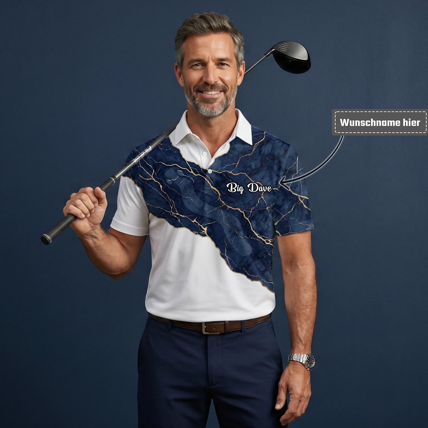 Personalisiertes Golf Poloshirt Weiß Marineblaues Marmor Goldadern Design für Herren B4939