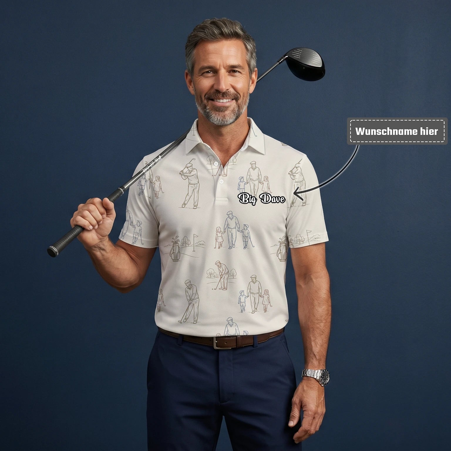 Personalisiertes Golf Poloshirt Beige Vintage Golfspieler Skizzen Design für Herren D6556
