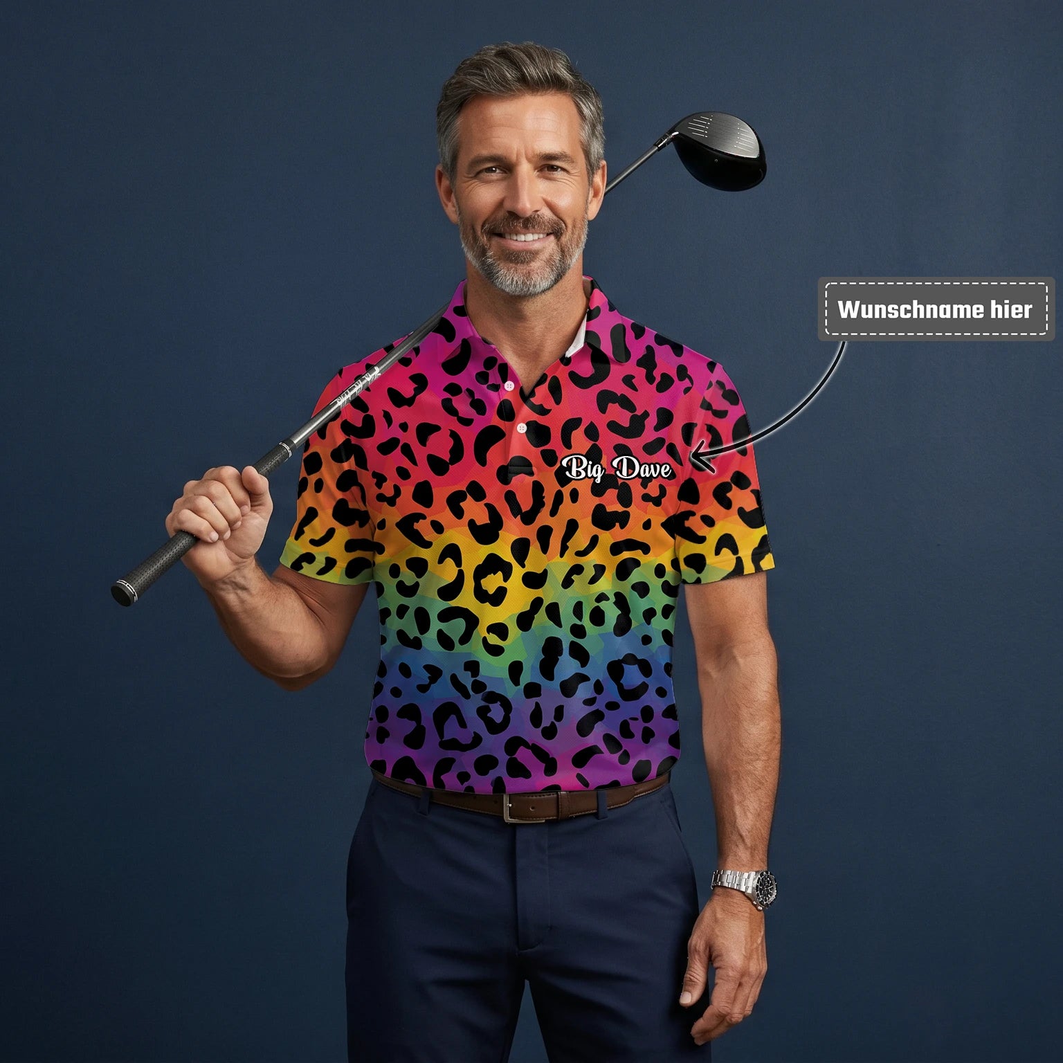 Personalisiertes Golf Poloshirt Regenbogen Leo Print Design für Herren X1632