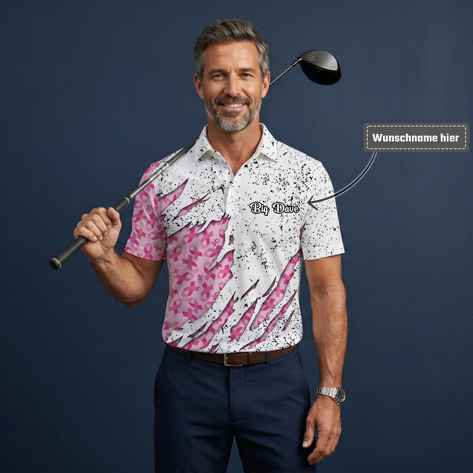 Personalisiertes Golf Poloshirt Weiß Rosa Brustkrebs Schleifen Zerrissenes Design für Herren B7190