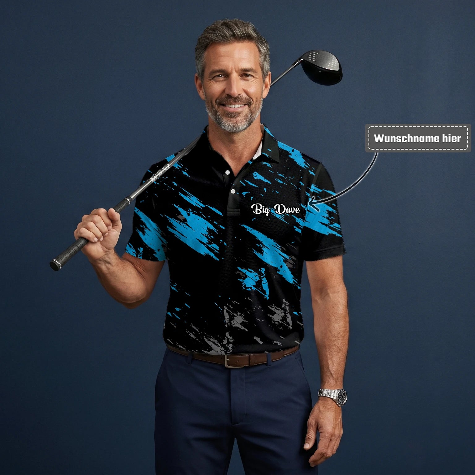 Personalisiertes Golf Poloshirt Schwarz Blaues Pinselstrich Design für Herren H3779
