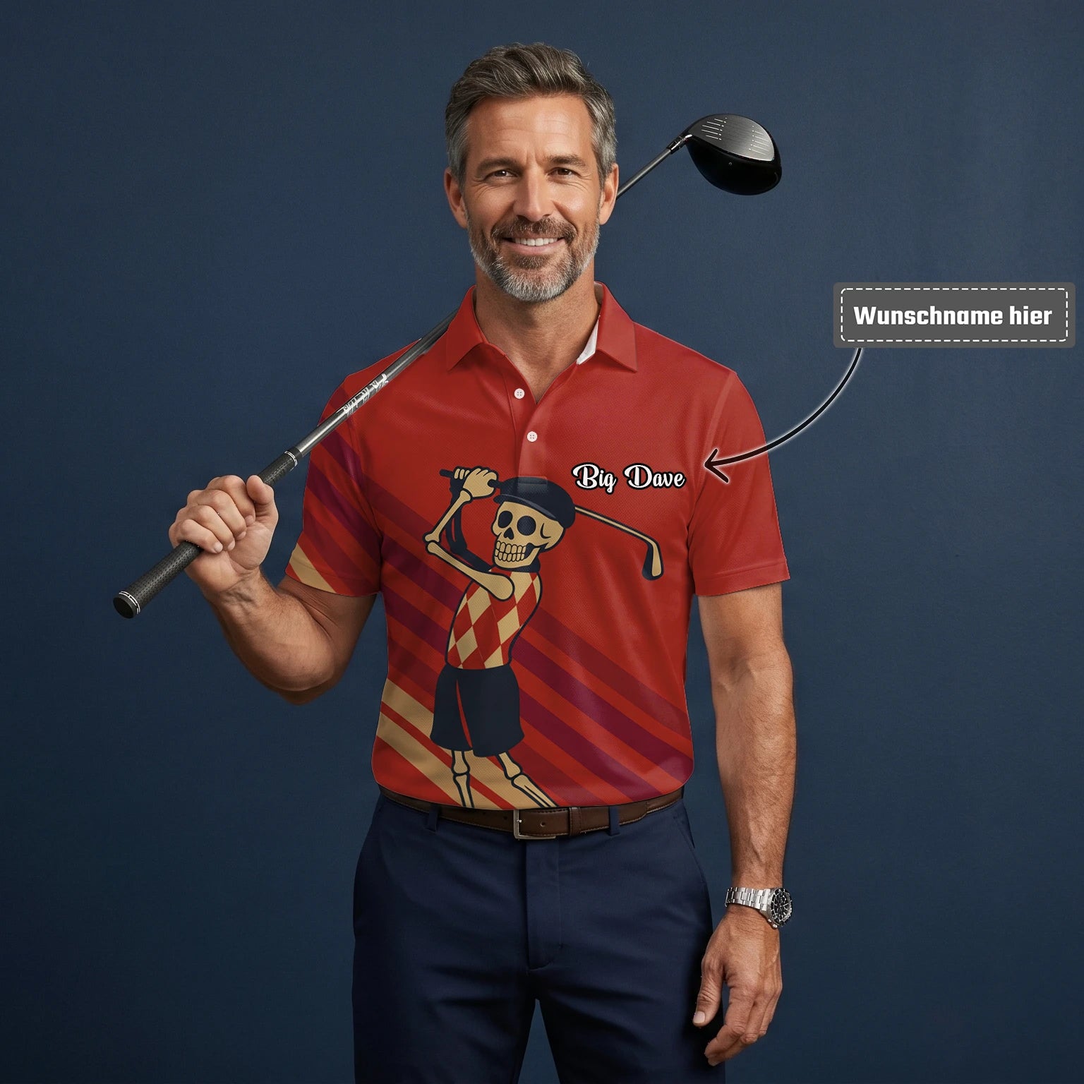 Personalisiertes Golf Poloshirt Rotes Skelett Golfer Cartoon Design für Herren F3648