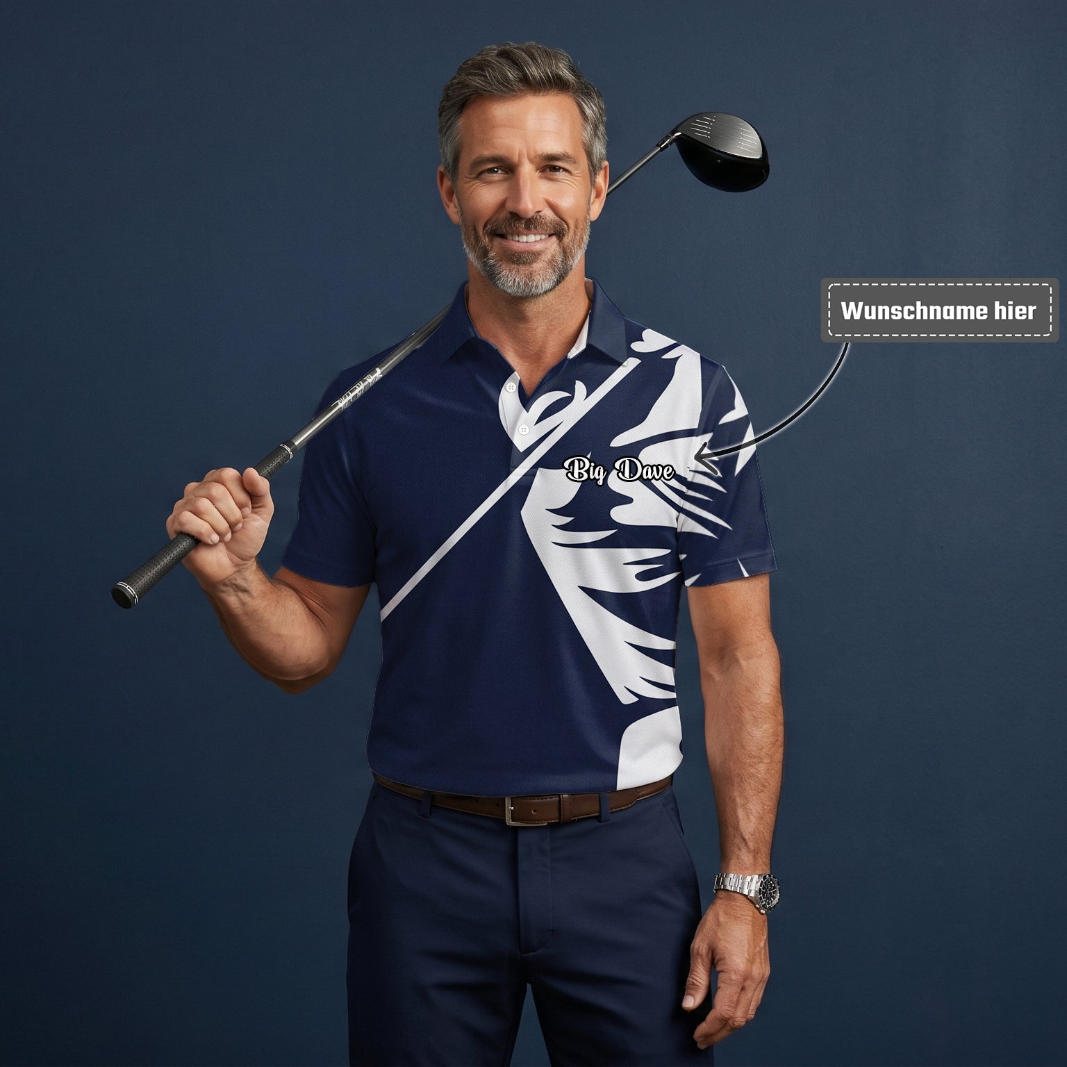 Personalisiertes Golf Poloshirt Marineblau Weißes Tribal Design für Herren A1639