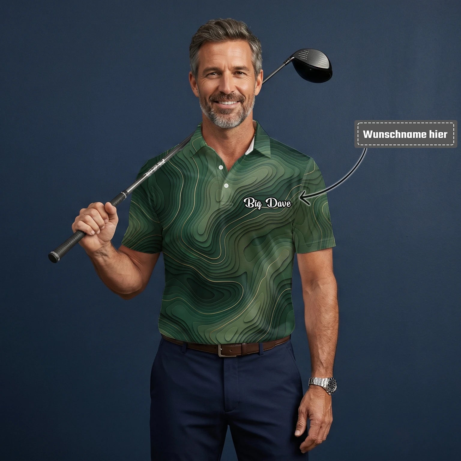 Personalisiertes Golf Poloshirt Grünes Topografisches Konturlinien Design für Herren H2497