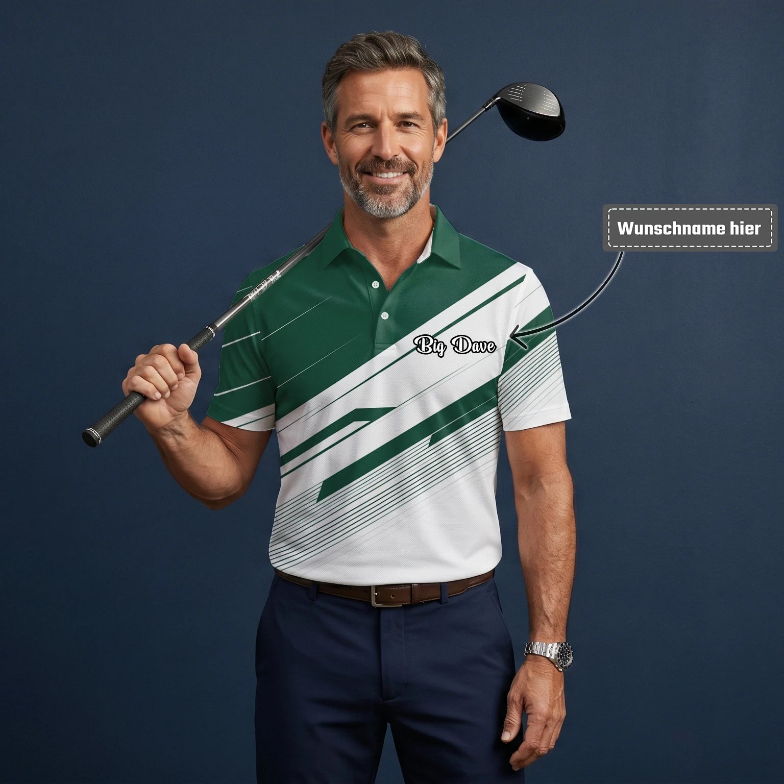 Personalisiertes Golf Poloshirt Grün Weißes Abstraktes Streifen Design für Herren E5041
